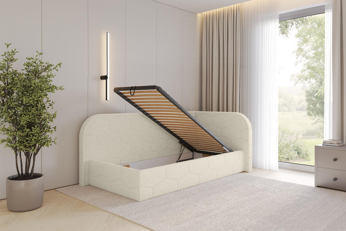 EINZELLBETT Jugendbett mit Bettkasten und Matratze H3/H4, Links - JAXY 90x200 Beige - Champagner, Holzwerkstoff/Textil (90/200cm) - ALTDECOR