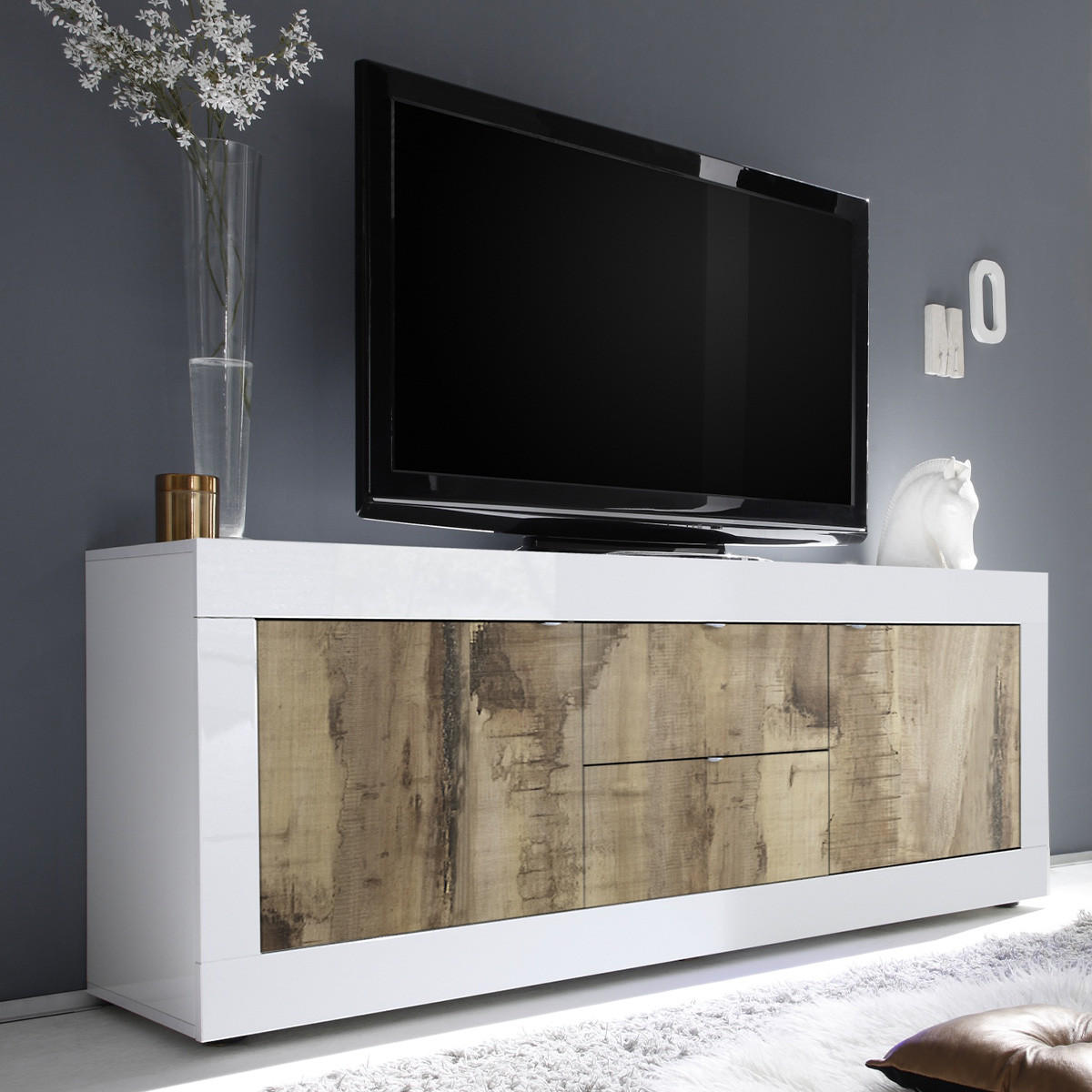 SIDEBOARD mit 2 Türen und 2 Schubladen Itinial - L210 cm - Weiß/Braun, Holzwerkstoff (43/65/210cm) - Calicosy