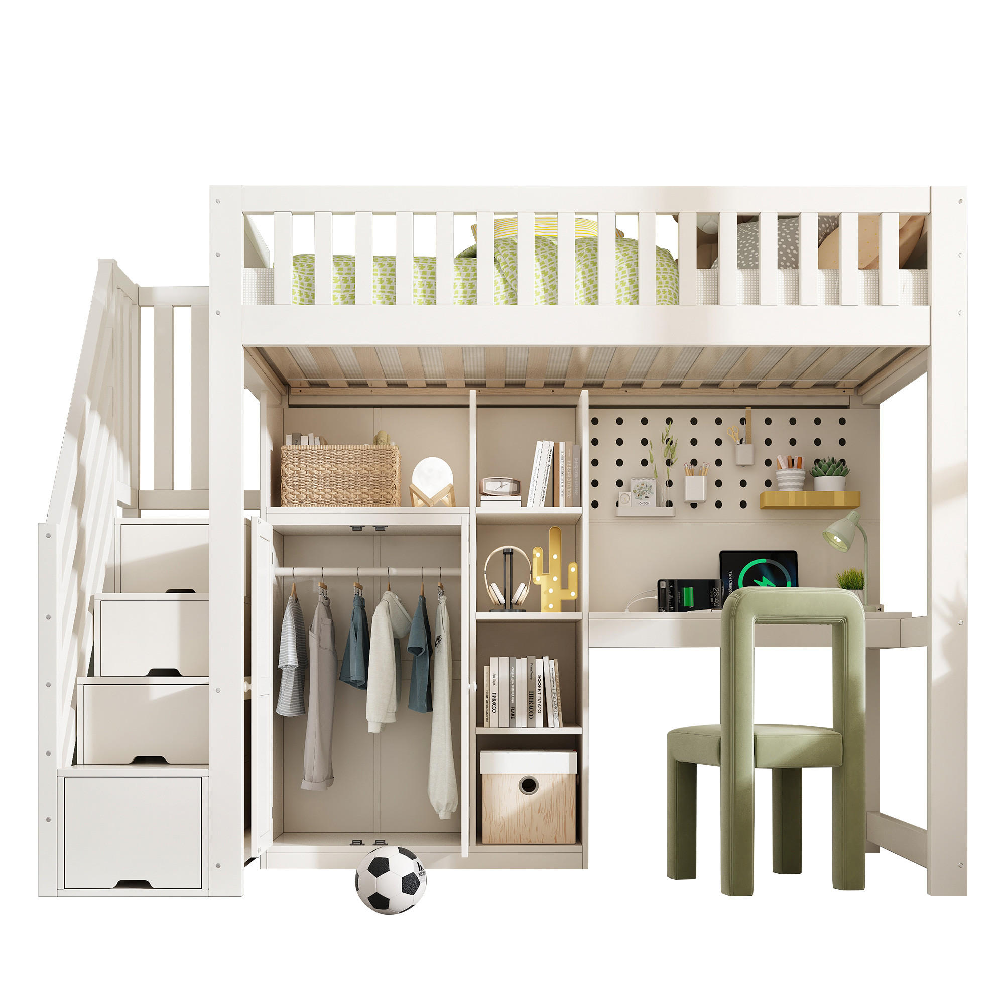 HOCHBETT 90/200 cm in Weiß mit Schreibtisch, Regal und USB - Weiß, Holz/Holzwerkstoff (90/200cm) - WISHDOR