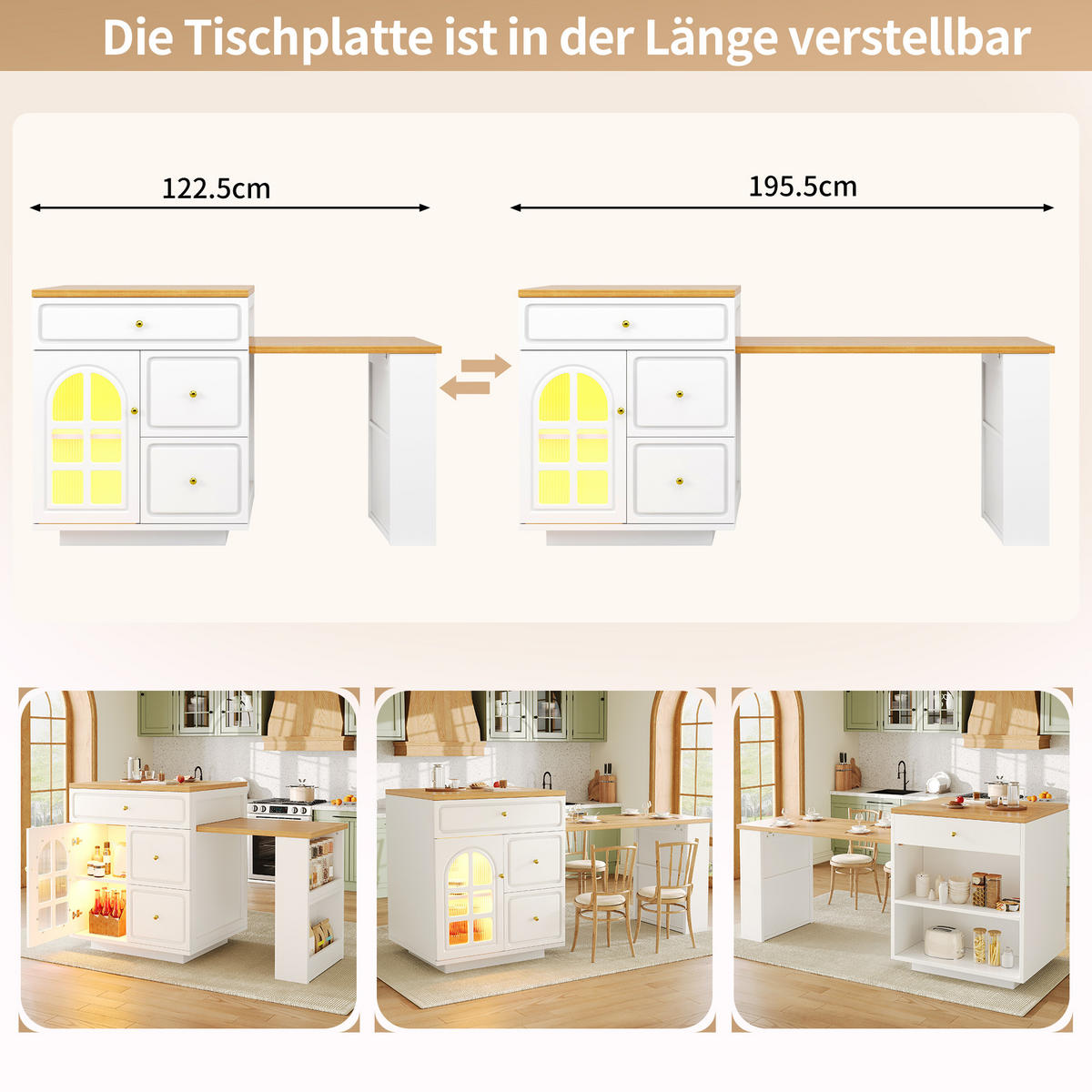 KÜCHENINSEL Weiß 122.5-195.5/59/93.5 cm - Weiß, Holzwerkstoff (122.5/93.5/59cm) - PANGIVO