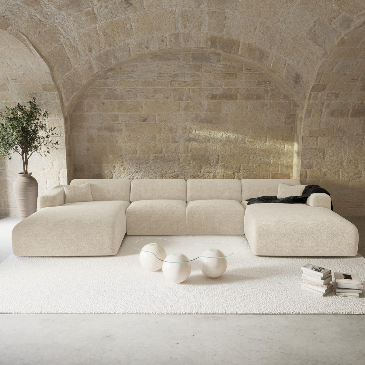 WOHNLANDSCHAFT Texturierter Samt Creme 356cm - Creme, Textil (356/73/166cm) - Sia Home