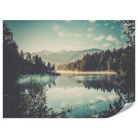 FOTOTAPETE für Esszimmer Bergsee Wald Bäume Nebel 200x140 - Türkis/Gelb, Papier (200/140cm) - Muralo