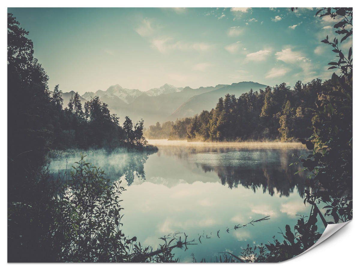 FOTOTAPETE für Esszimmer Bergsee Wald Bäume Nebel 200x140 - Türkis/Gelb, Papier (200/140cm) - Muralo