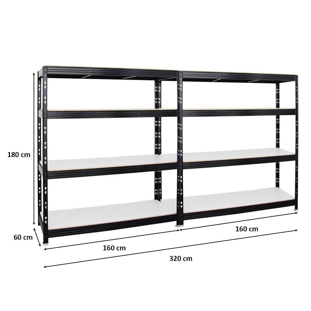SCHWERLASTREGAL Rhino 2er-Set mit 2x 180x160x60 cm 4 Melamin-Ebenen 16mm Fachlast 500 kg Schwarz - Schwarz, Metall (320/180/60cm) - PROREGAL