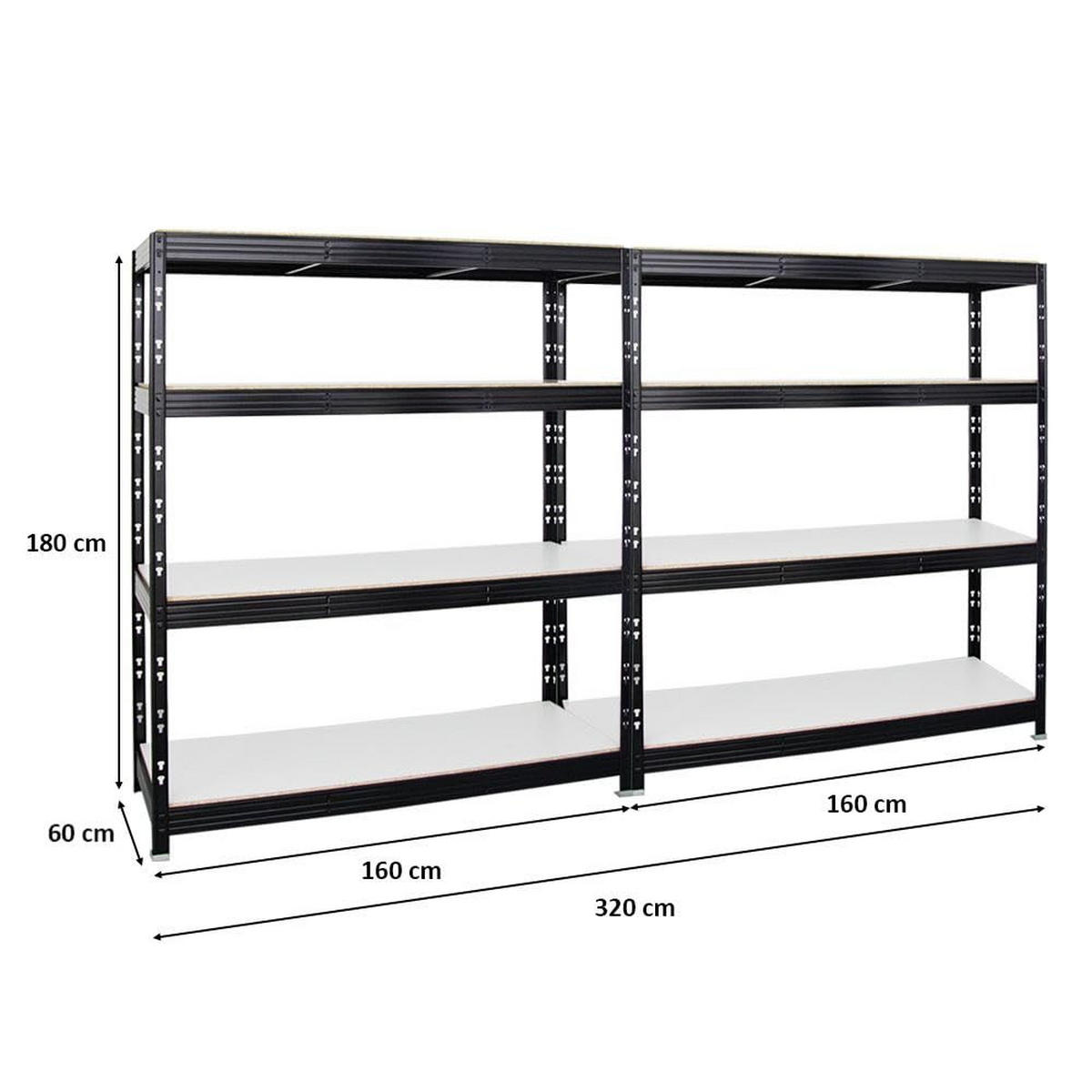 SCHWERLASTREGAL Rhino 2er-Set mit 2x 180x160x60 cm 4 Melamin-Ebenen 16mm Fachlast 500 kg Schwarz - Schwarz, Metall (320/180/60cm) - PROREGAL
