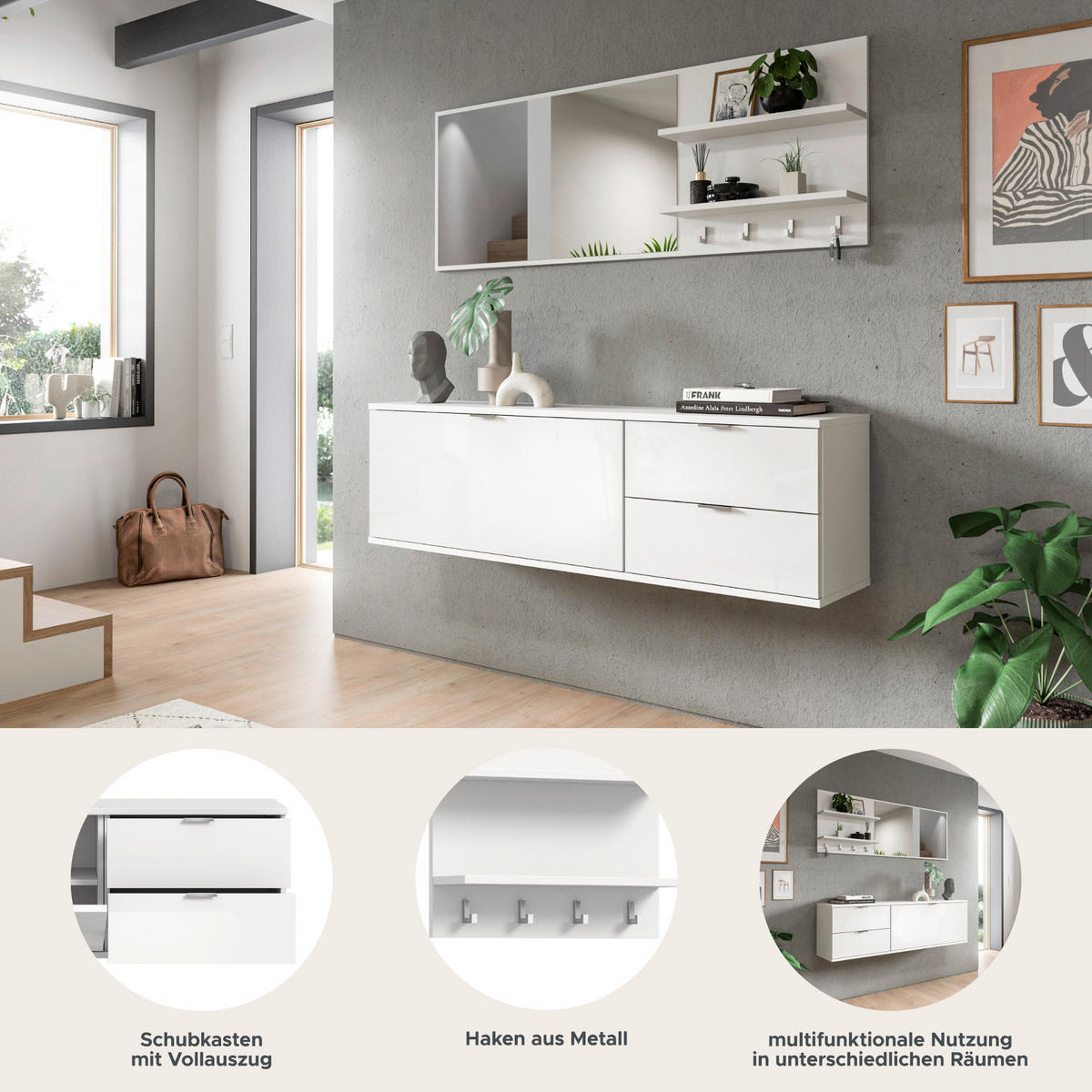 GARDEROBE Set 4-teilig weiß Hochglanz 144 cm, Garderobenkombination mit Spiegel hängend - Chromfarben/Weiß Hochglanz, Holzwerkstoff/Kunststoff (144/193/34cm) - Inn.Furn