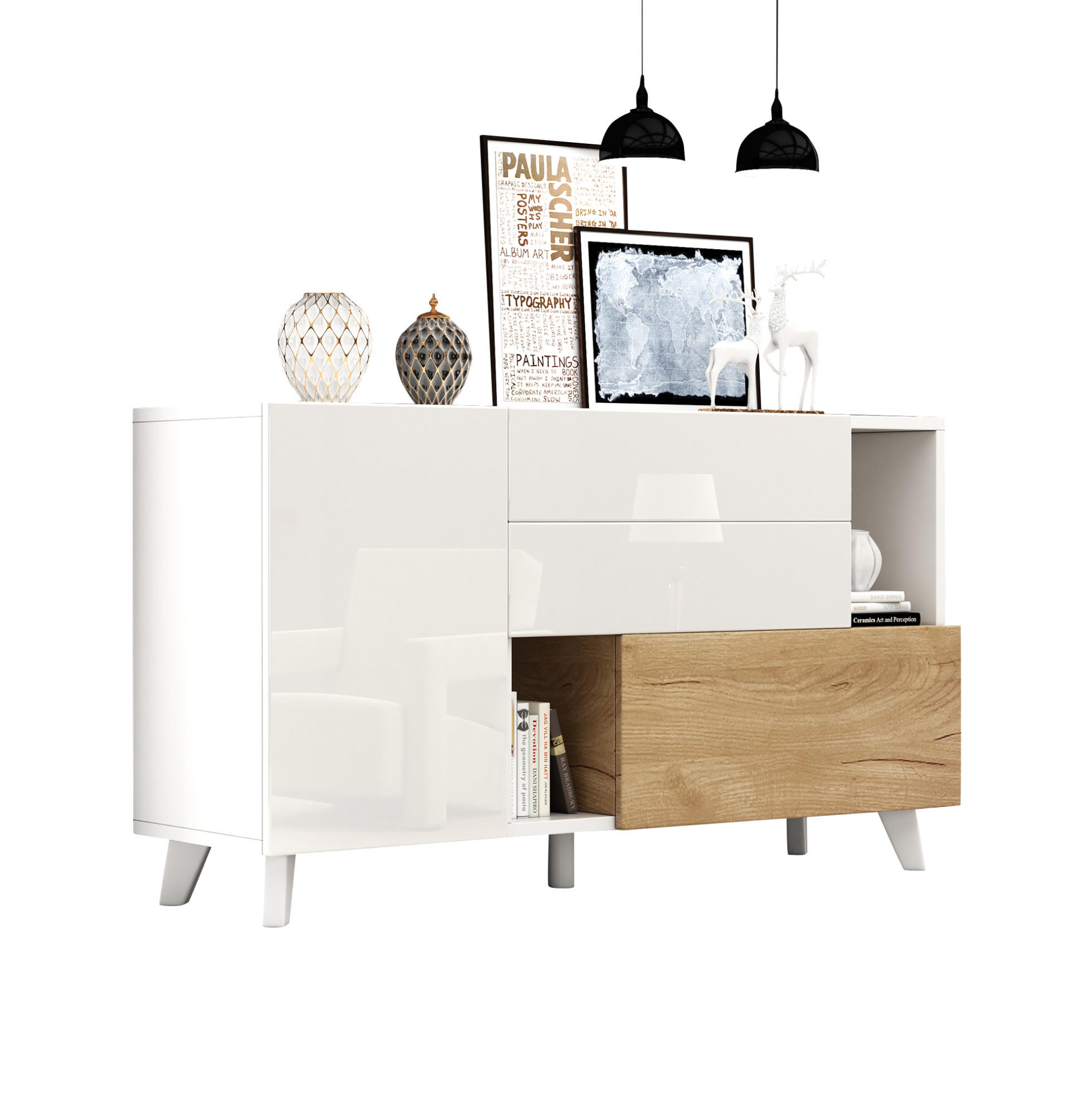 SIDEBOARD 130/40/70 cm, Weiß hochglänzend mit Hell-Eiche Akzenten, 2 Schubladen und Türen, skandinavischer Minimalismus, Weiß und Licht Eiche - Weiß, Holzwerkstoff (130/70/40cm) - Redom