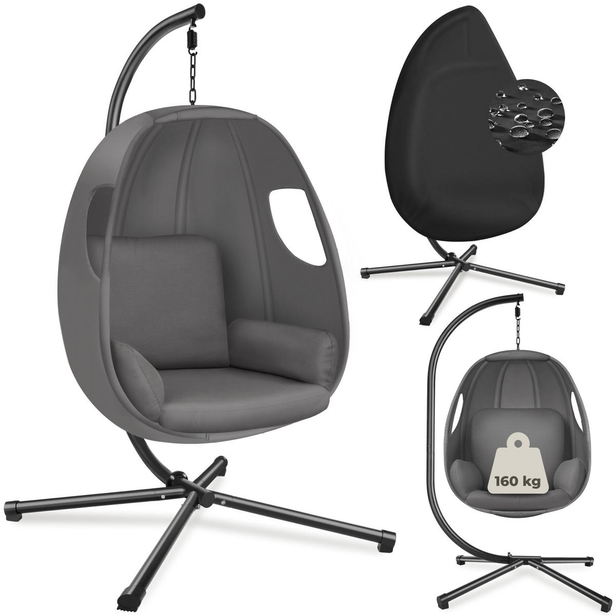 HÄNGESESSEL Anika mit Gestell und Kissen,360° drehbar,160 kg,anthrazit,100x97x201 cm - Anthrazit, Kunststoff/Textil (100/201/97cm) - tectake