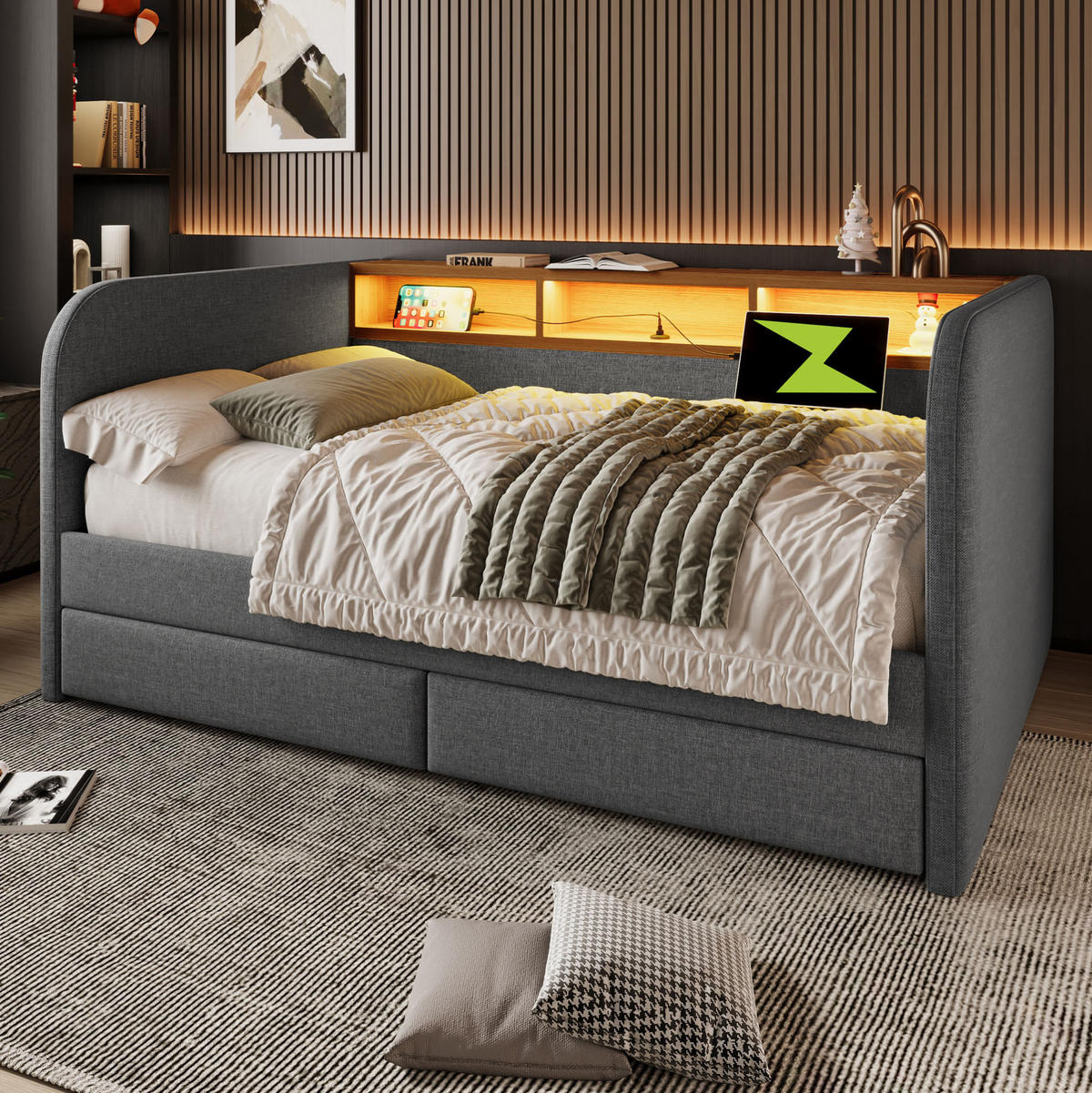OBLAZINJENA postelja 140/190 cm z LED osvetlitvijo, USB-C priključkom in 2 predaloma, Siva - siva, tekstil (140/190cm) - Redom
