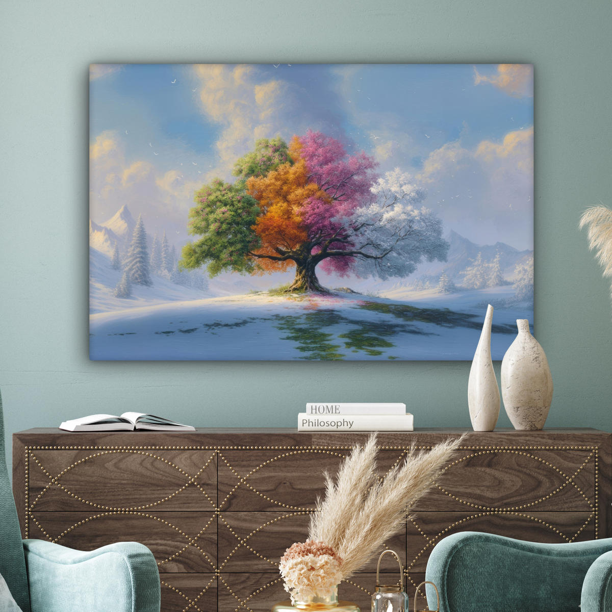 LEINWANDBILD Baum - Jahreszeiten - Winter - Landschaft XXL 150x100 cm - Multicolor, Textil (150/100cm) - MuchoWow