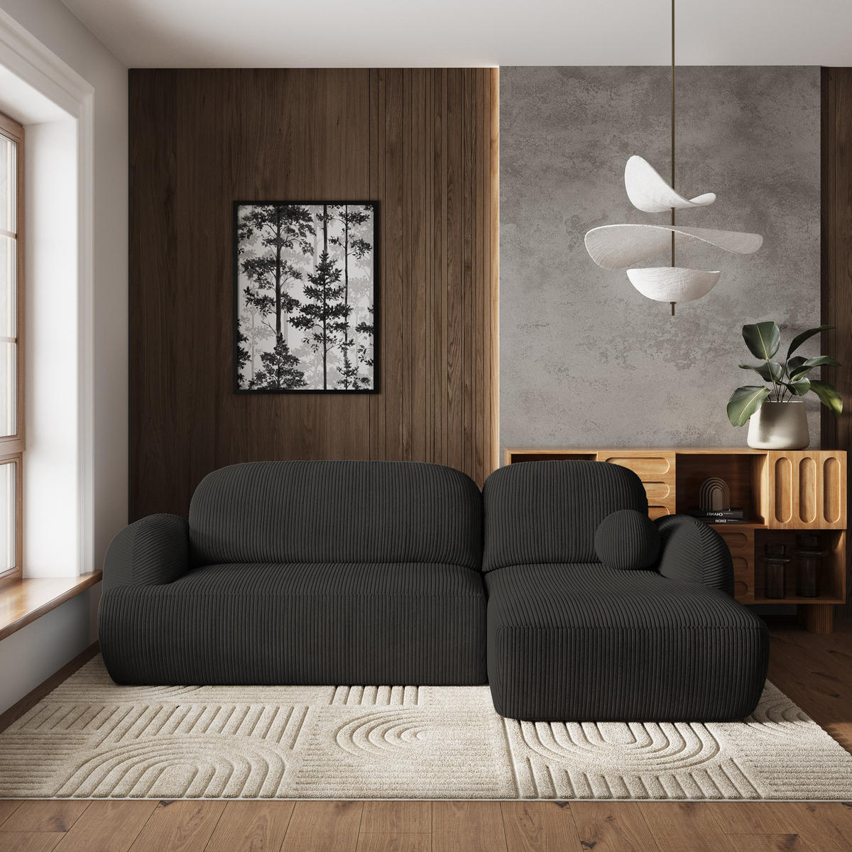 ECKSOFA MODENZA P R-S Schwarz Kordstoff mit Schlaffunktion - Schwarz, Holz/Kunststoff (266/148cm) - MASSENO