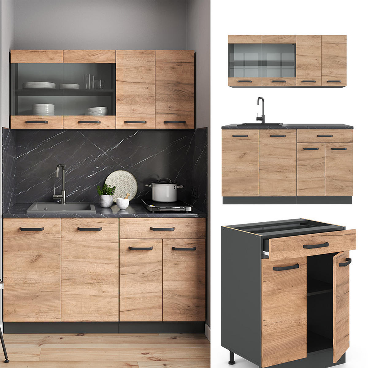 SINGLEKÜCHE R-Line Goldkraft Eiche/Anthrazit 140 cm, AP Anthrazit - Honigeiche/Anthrazit, Holzwerkstoff (140/81.6/60cm) - Vicco