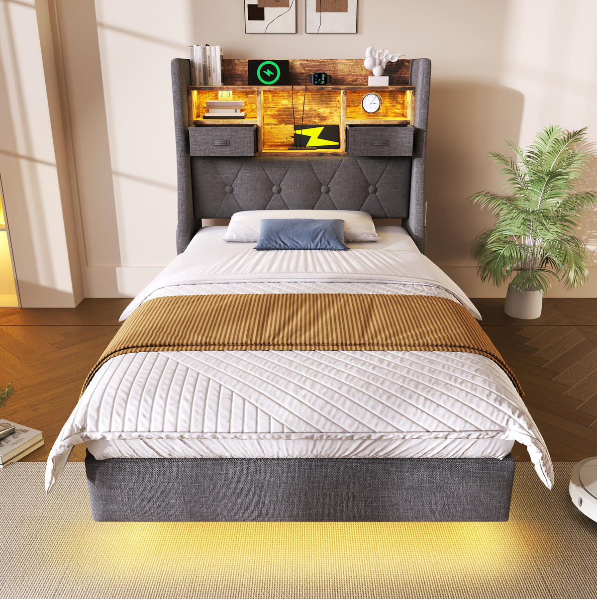 POLSTERBETT aus Leinen 90x200 cm in Grau mit LED & Ladestation - Grau, Textil (90/200cm) - Modfu