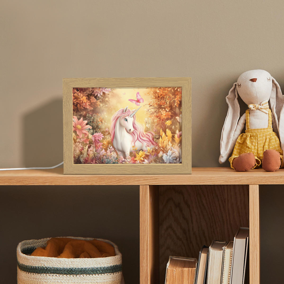 NACHTTISCHLAMPE Einhorn - Blumen - Schmetterling - Rosa 20x15 cm - Beige, Holzwerkstoff (8/20/15cm)