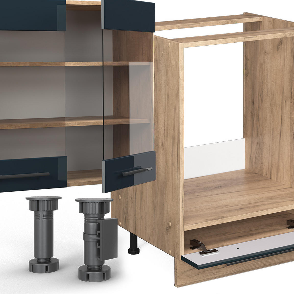 KÜCHENZEILE Fame-Line Dunkelblau Hochglanz/Goldkraft Eiche 355 cm ohne AP - Eiche Wotan/Dunkelblau, Holzwerkstoff (355/81.6/46cm) - Vicco