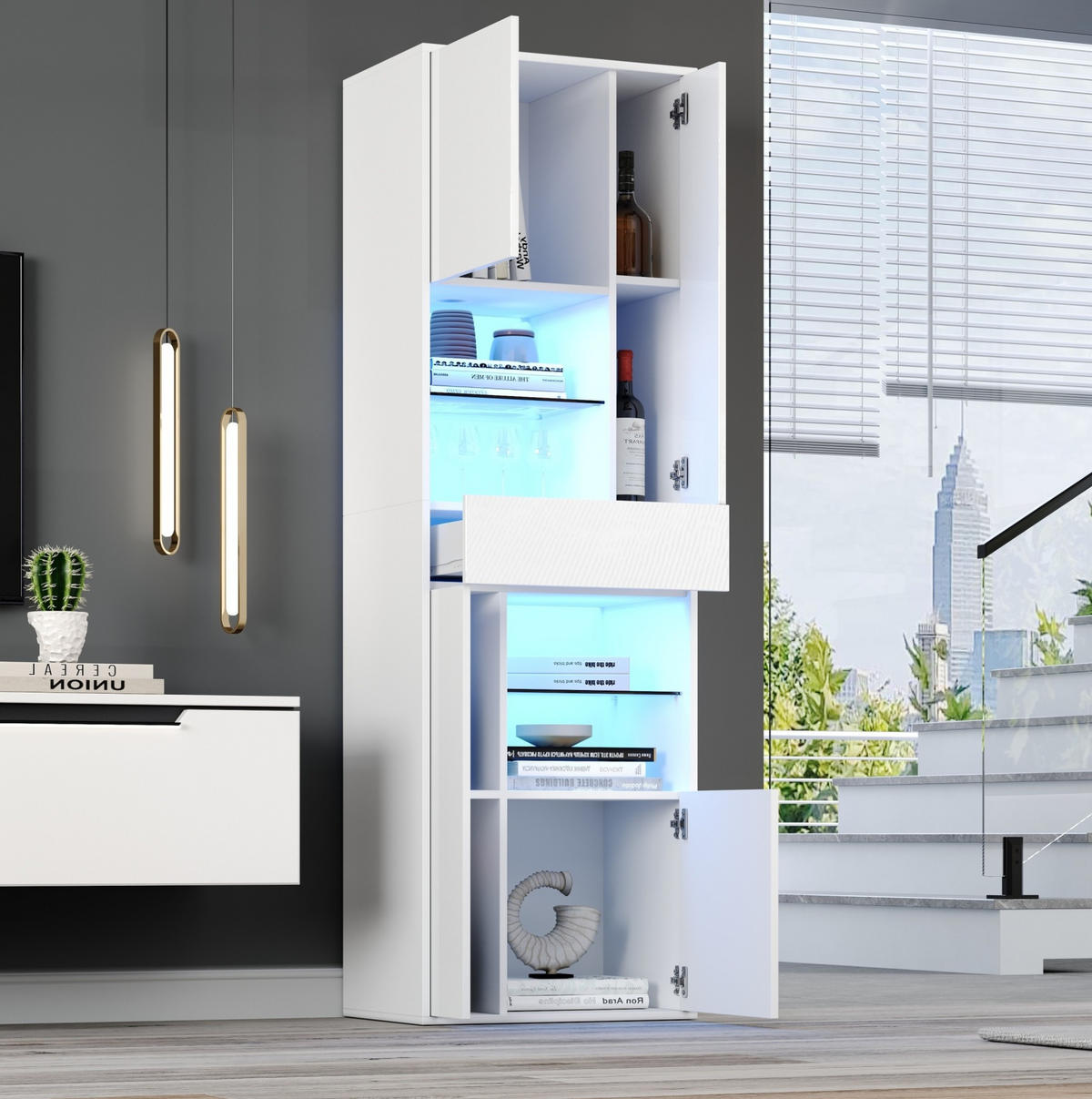 VITRINE mit LED 55 x 38 x 170 cm Hochglanz Weiß - Weiß, Holzwerkstoff (38/170/55cm) - Beauniv