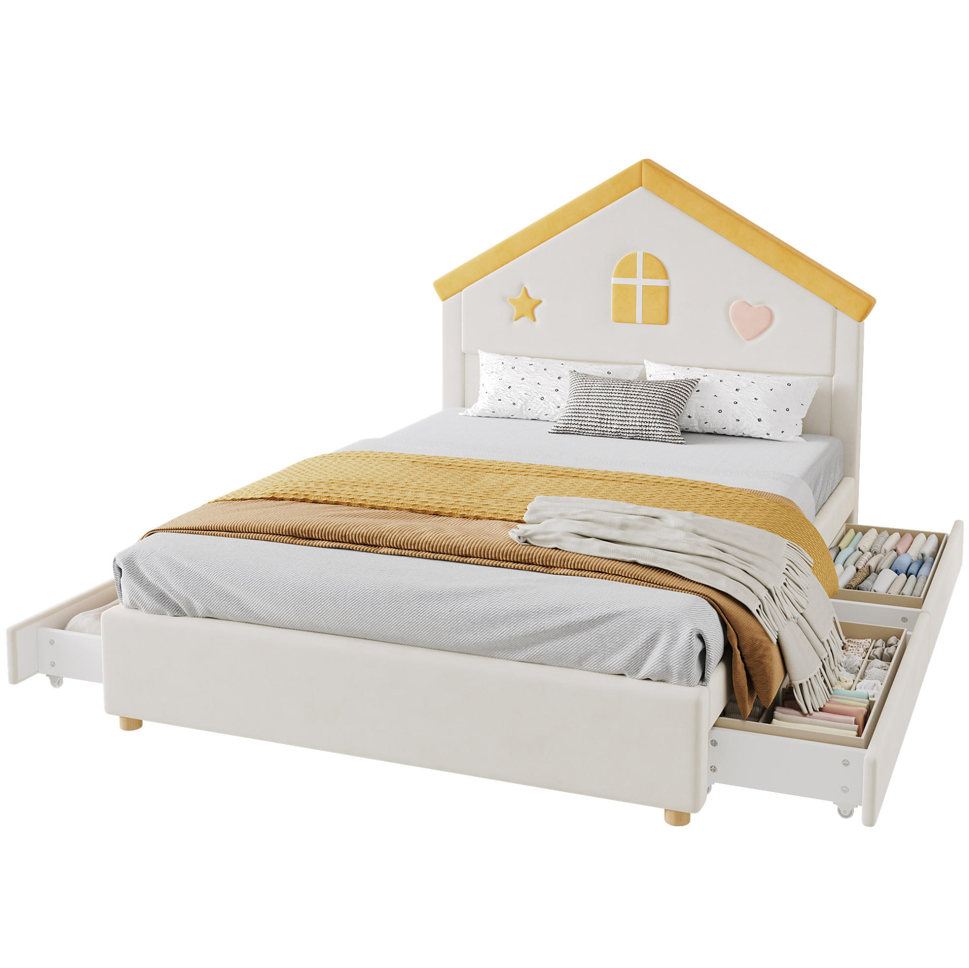 KINDERBETT aus französischem Samt 140x200 cm Beige mit 4 Schubladen und Haus-Kopfteil - Beige, Textil (140/200cm) - Modfu