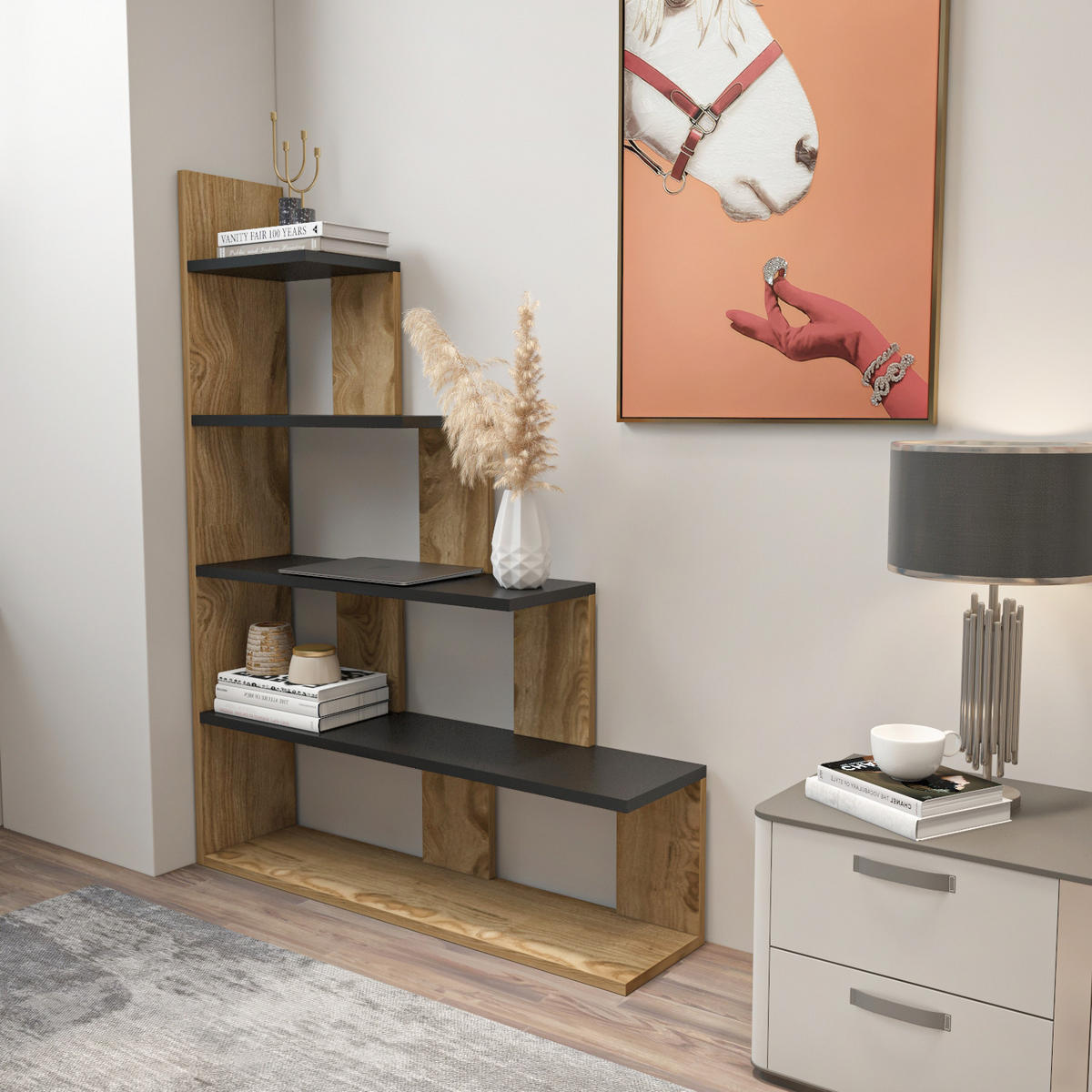 BÜCHERREGAL Echo Oake Schwarz - Dunkelbraun/Schwarz, Holzwerkstoff (90/120/21.8cm) - Decorotika