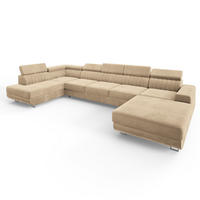 WOHNLANDSCHAFT GAIAN Creme Velours-Stoff mit Schlaffunktion - Creme, Holz (412/88/190cm) - MASSENO
