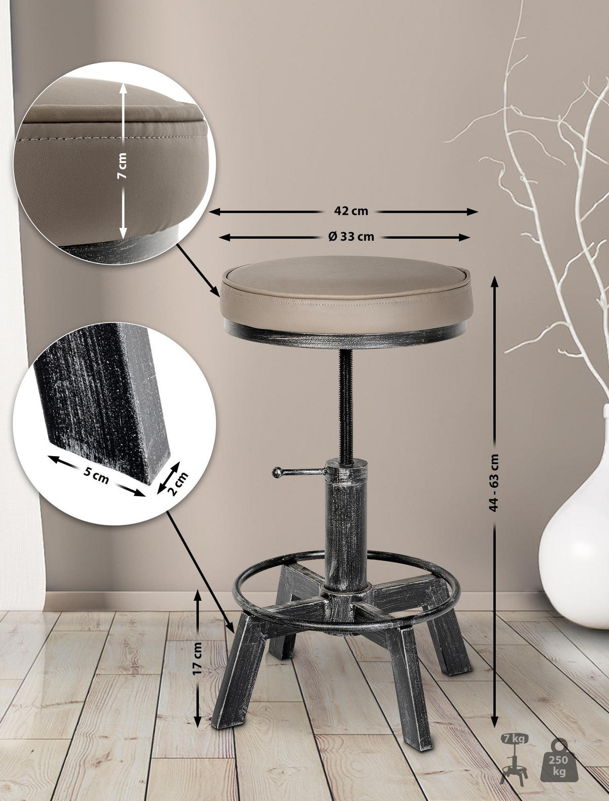 HOCKER 2er Set Lederlook antik silber - Silberfarben, Textil/Metall (42/44/42cm) - CLP