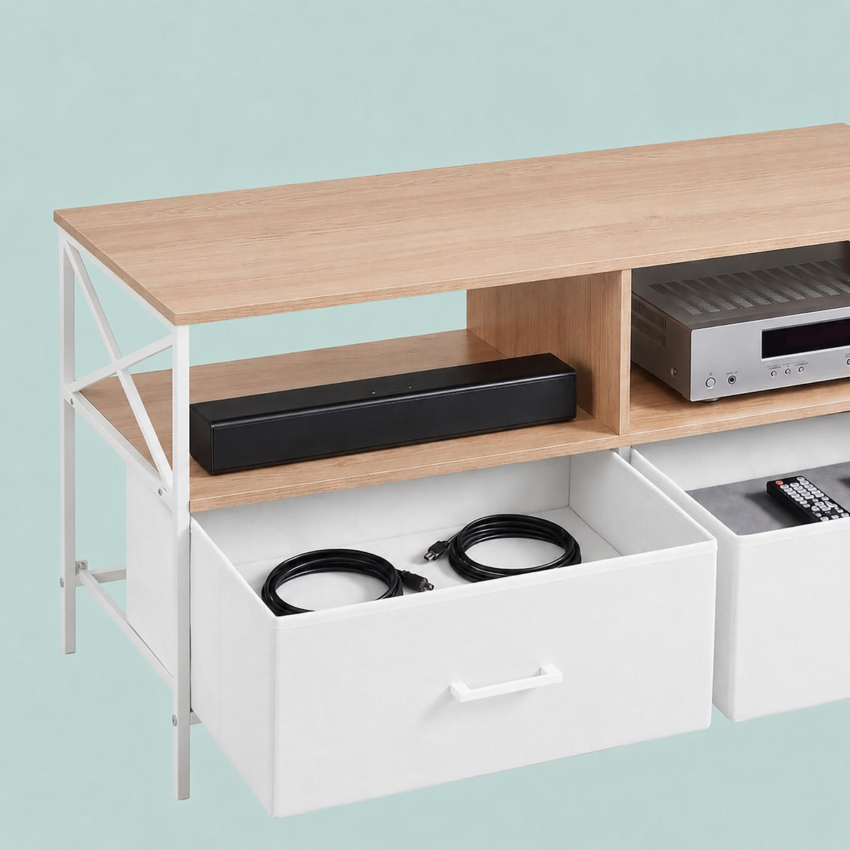 TV-LOWBOARD Holzoptik-Weiß Stoffschubladen 150 cm - Multicolor, Holzwerkstoff/Textil (147/50/40cm) - Relaxdays