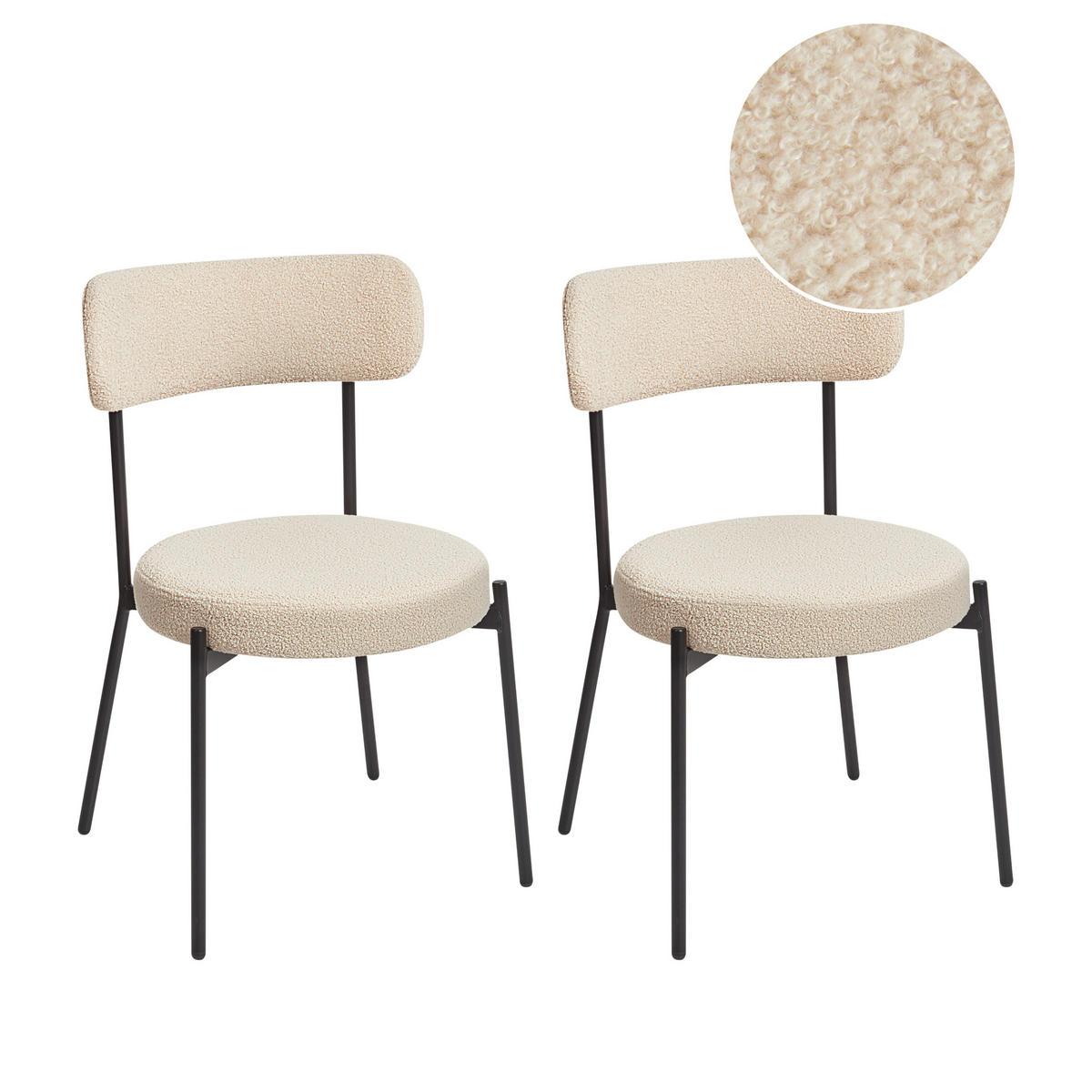 ESSZIMMERSTUHL 2er-Set Bouclé Helles Beige Allison - Beige/Schwarz, Textil (47/77/52cm) - Beliani