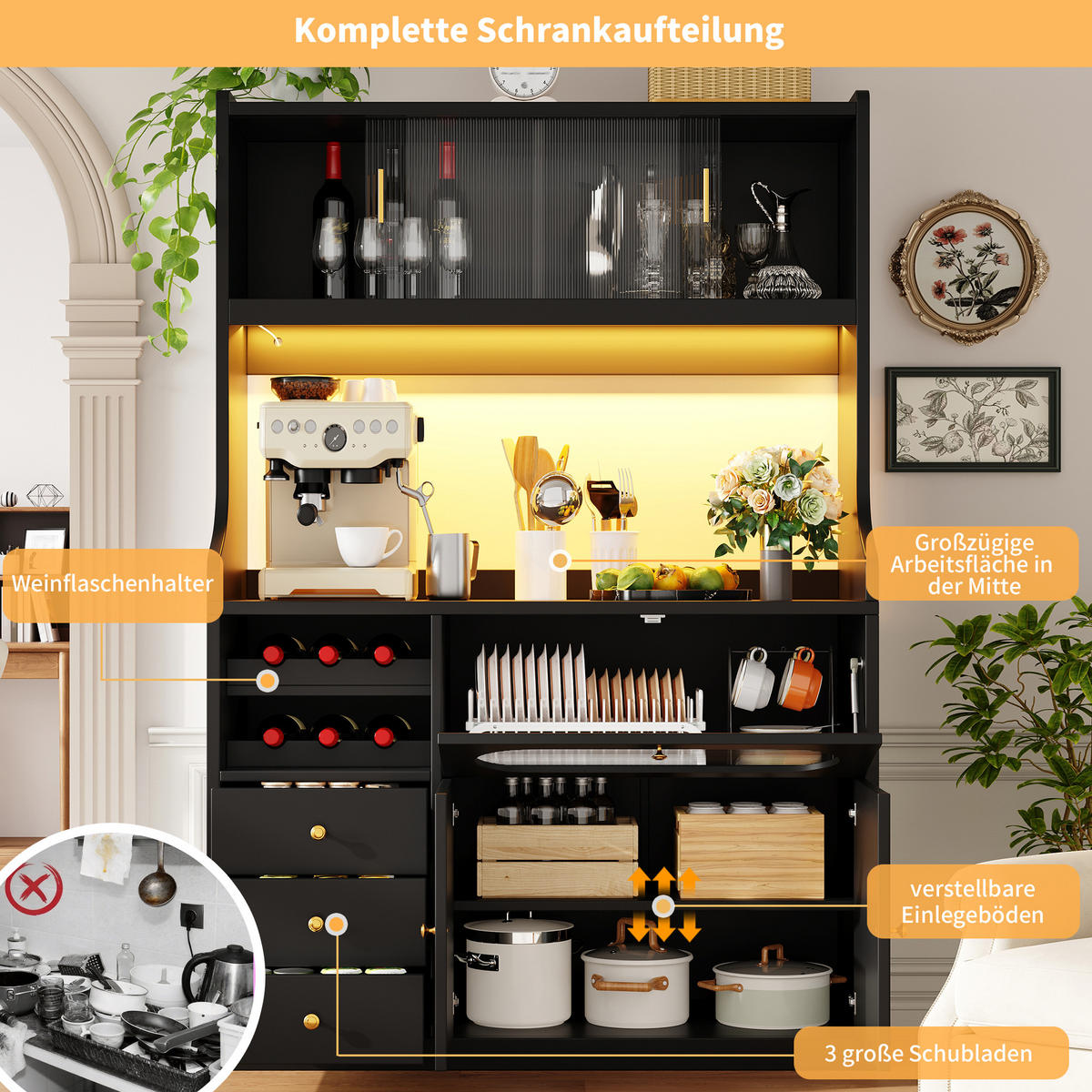 BUFFET DE-38487 120/40/180 cm mit LED-Beleuchtung und Weinregal Schwarz - Schwarz, Holzwerkstoff (120/180/40cm) - ComfortXL