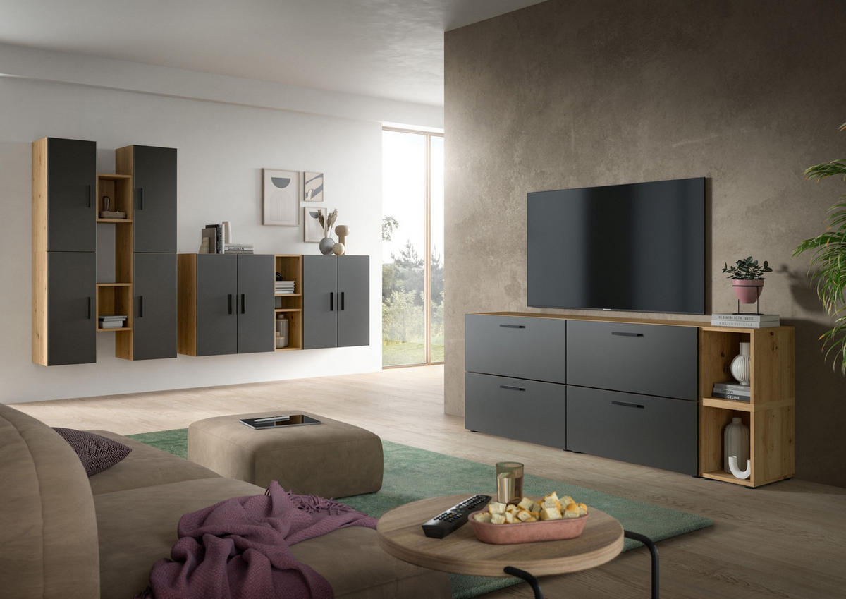 WOHNWAND The One Basalt grau 176/34/67 cm - Braun, Holzwerkstoff (176/67/34cm) - Xonox