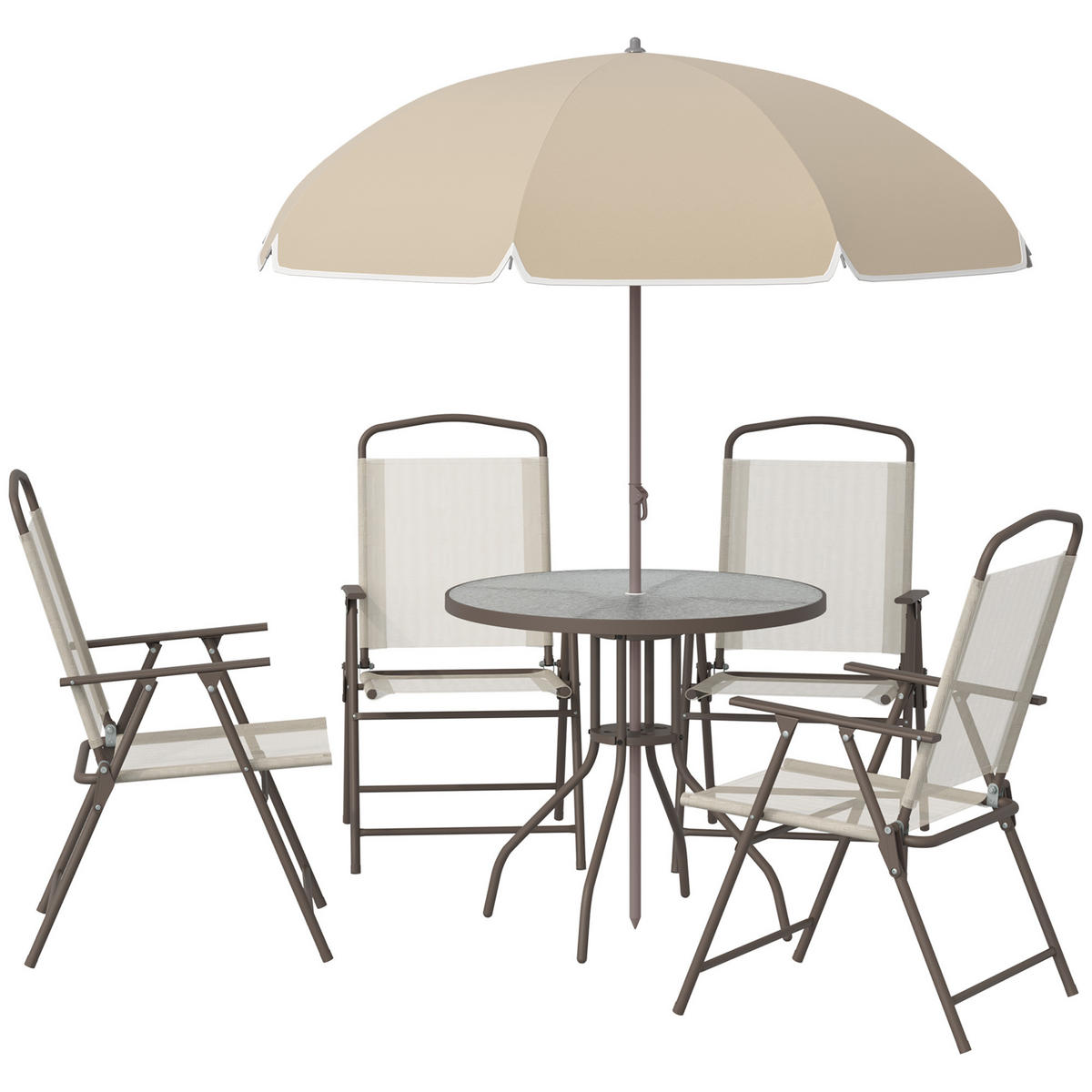 BALKONSET DE-18108 4 Klappstühle, runder Tisch und Schirm Beige - Braun, Metall - ComfortXL