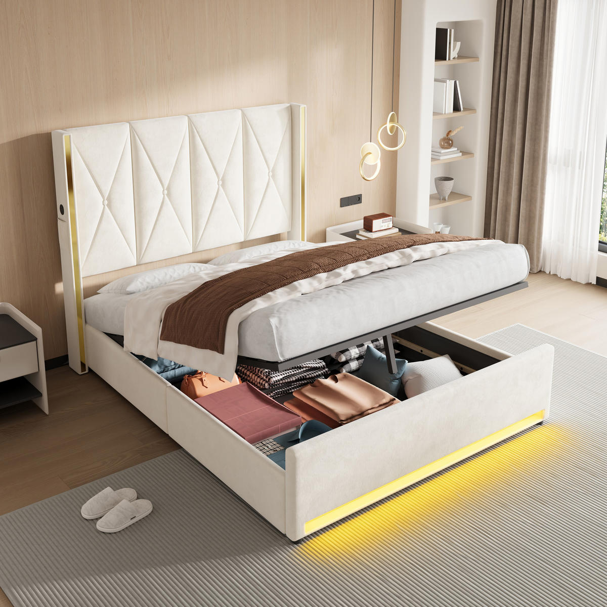 POLSTERBETT, Doppelbett 160x200cm mit Stauraum, LED und USB-C, Hydraulisches Funktionsbett, Beige - Beige, Holz/Textil (160/200cm) - LVHOM