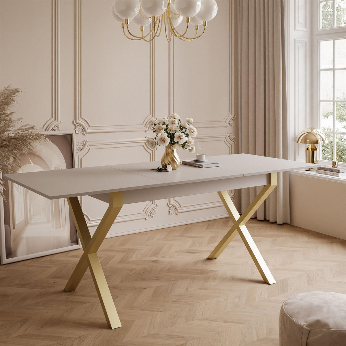 ESSTISCH ARTON GOLD II 140-195 cm für 6-8 Personen - Beige/Goldfarben, Holzwerkstoff/Metall (140/80/77cm) - Lookway