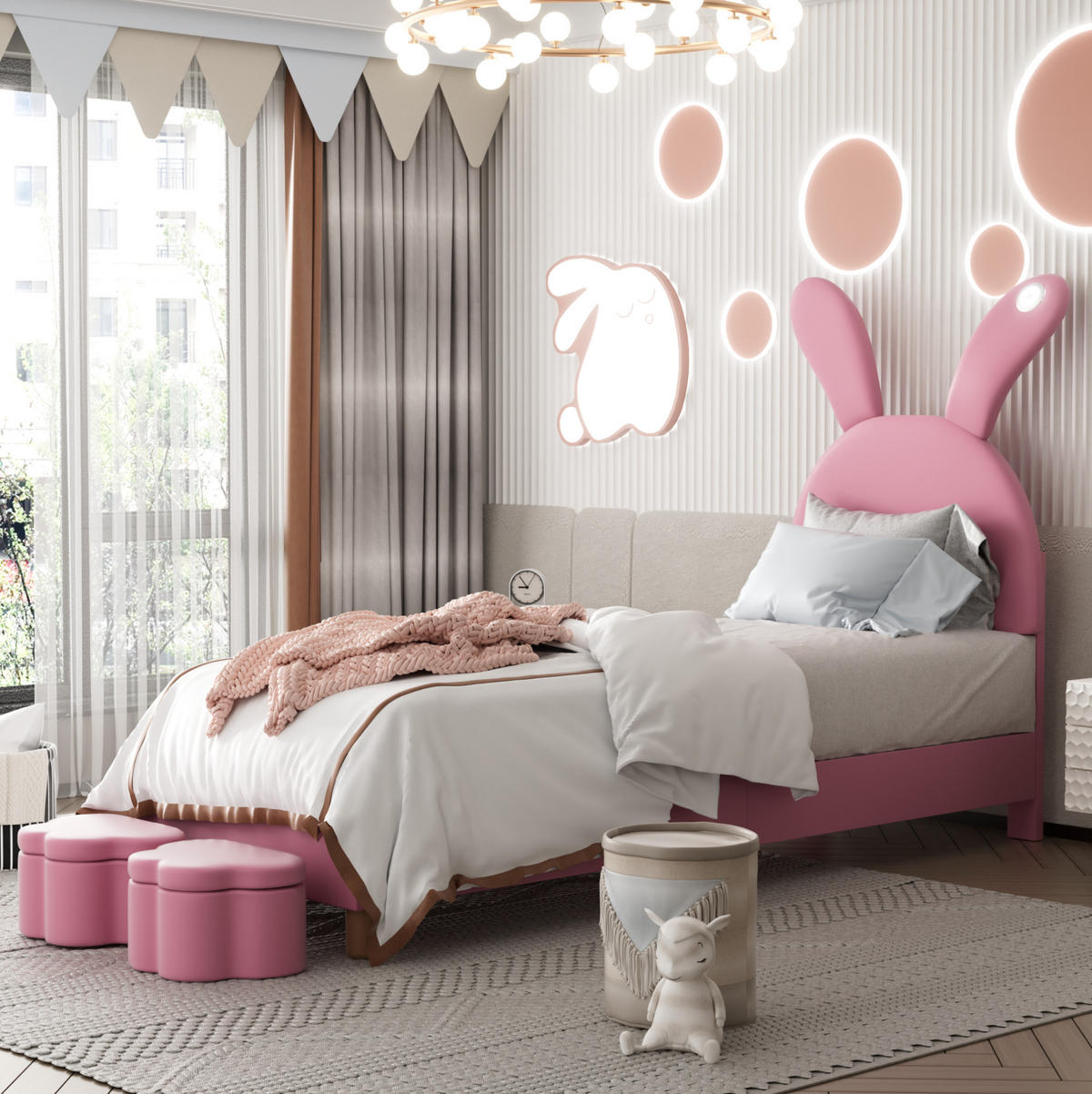 SAMT-POLSTERBETT 90/200 cm in Rosa mit LED-Beleuchtung & verstellbarem Kopfteil - Rosa, Textil (90/200cm) - BEAOK