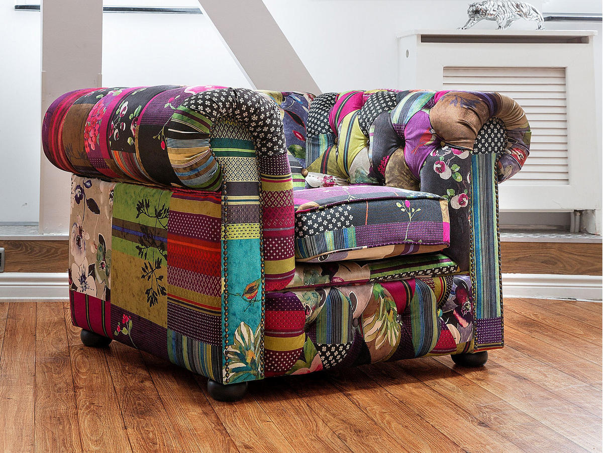 SESSEL Polsterbezug Patchwork violett Chesterfield - Multicolor, Textil (108/71/95cm) - Beliani
