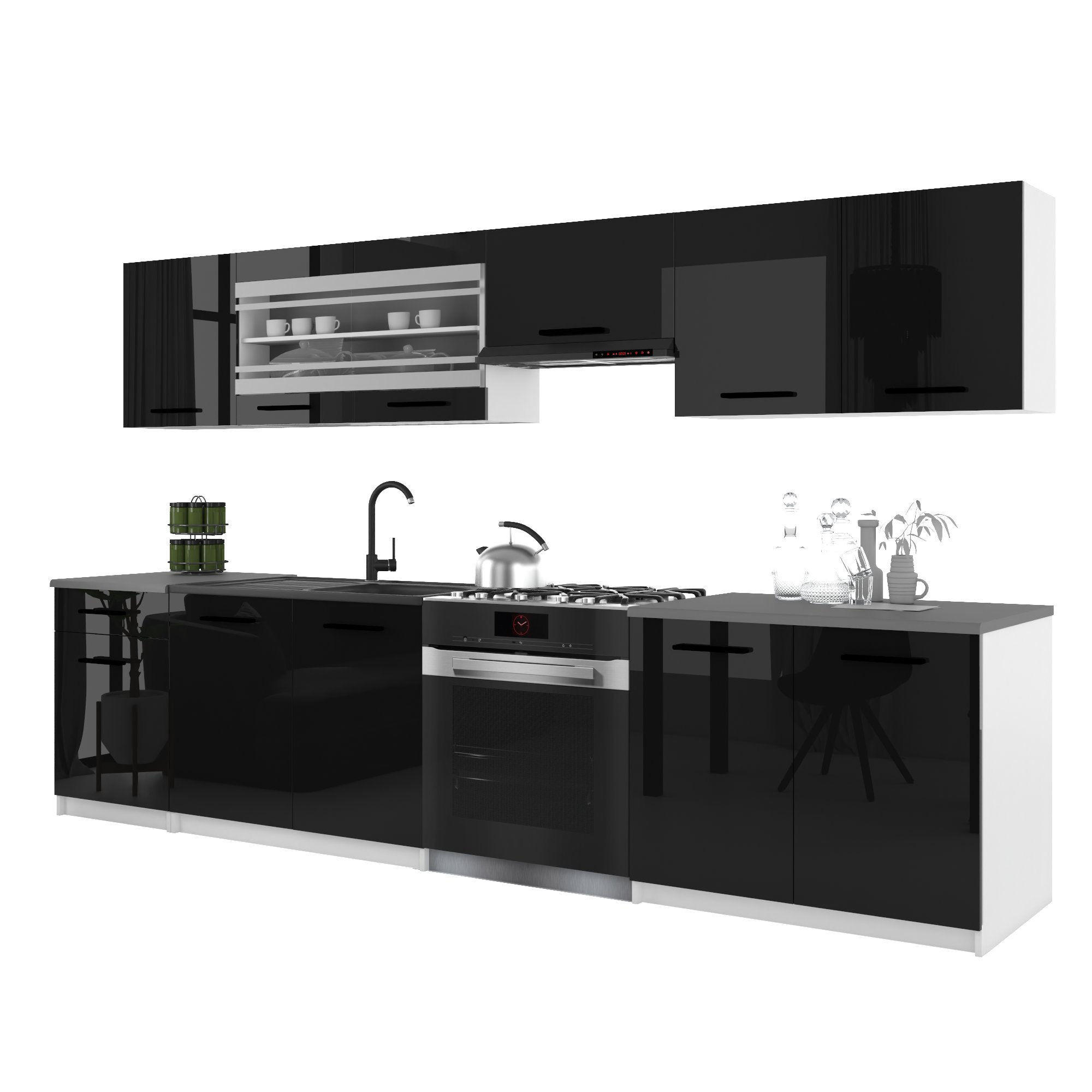 KÜCHENZEILE Italia 4 260 cm, mit Arbeitsplatten, Schwarz - Schwarz, Holz (260/143/60cm) - B BELINI GROUP