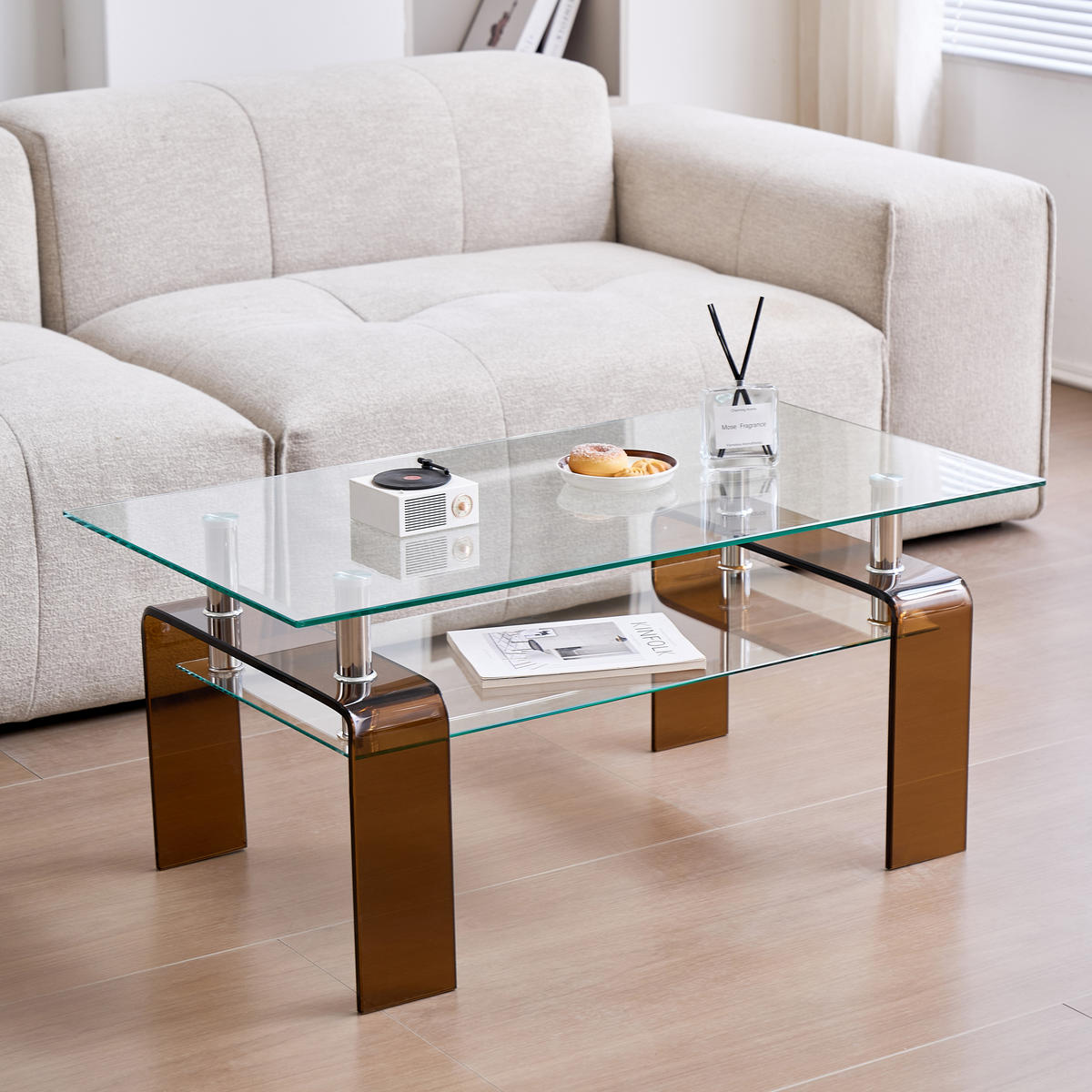 COUCHTISCH Transparent/Braun 100/55/45 cm aus Glas - Klar, Glas (55/100/45cm) - PANGIVO