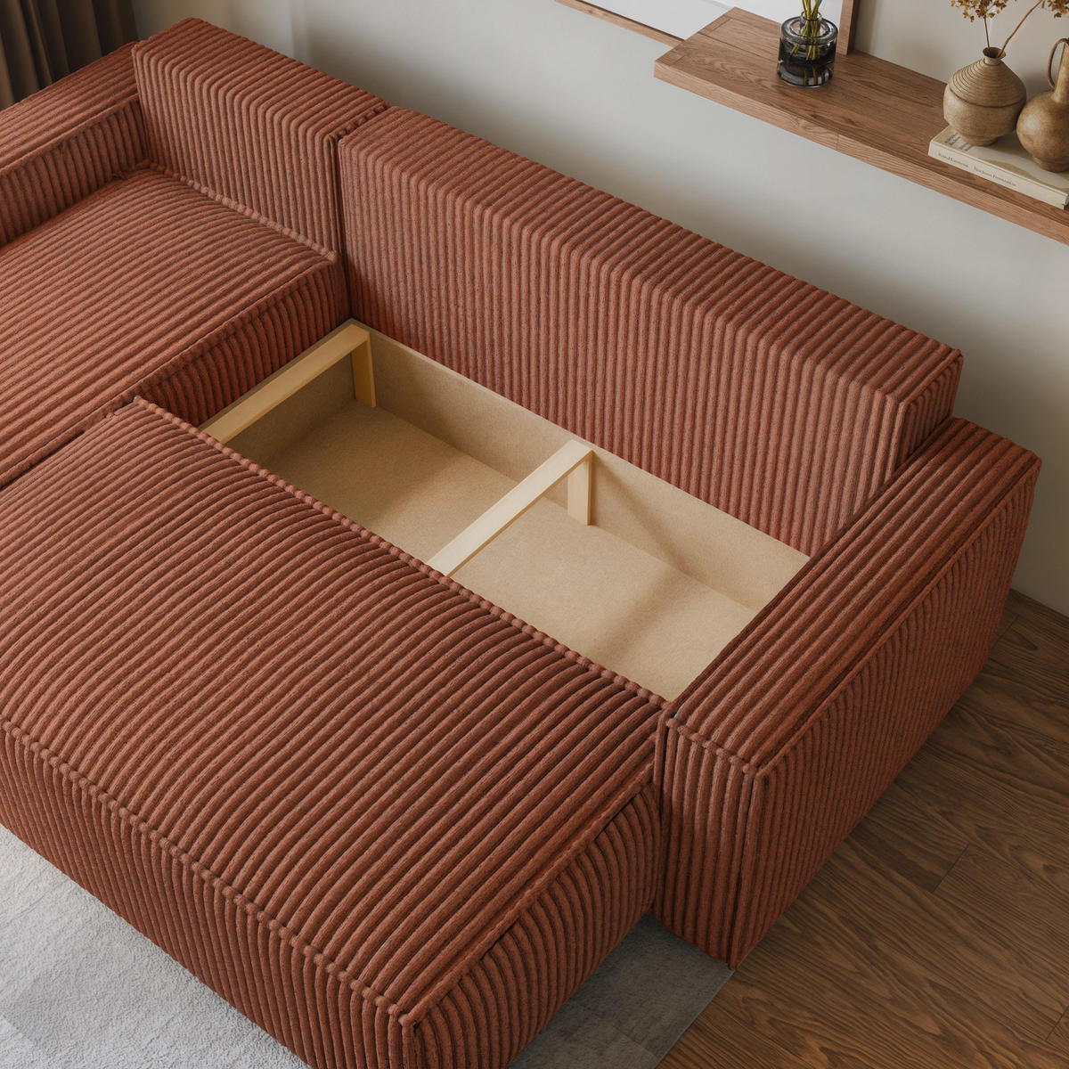 ECKSOFA RAVELO T Braun Kordstoff mit Schlaffunktion - Braun, Holz (240/140cm) - MASSENO