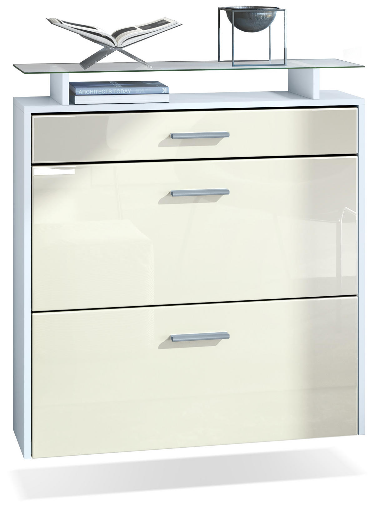 SCHUHSCHRANK Malea Front in Creme Hochglanz - Creme, Holzwerkstoff (89/96/23cm) - Vladon