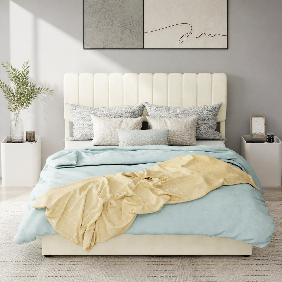 POLSTERBETT 140/200 mit hydraulischem Bettkasten und gepolstertem Kopfteil aus Holland-Samt in Beige - Beige, Holzwerkstoff/Textil (140/200cm) - EVRYAE