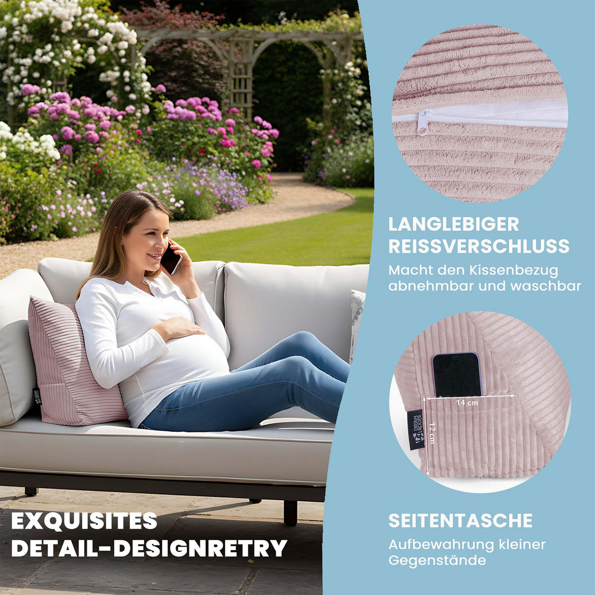 KEILKISSEN Silver Pink, 70/40/20 cm, Cord - Pink, Textil (70/20cm) - Dreamroots