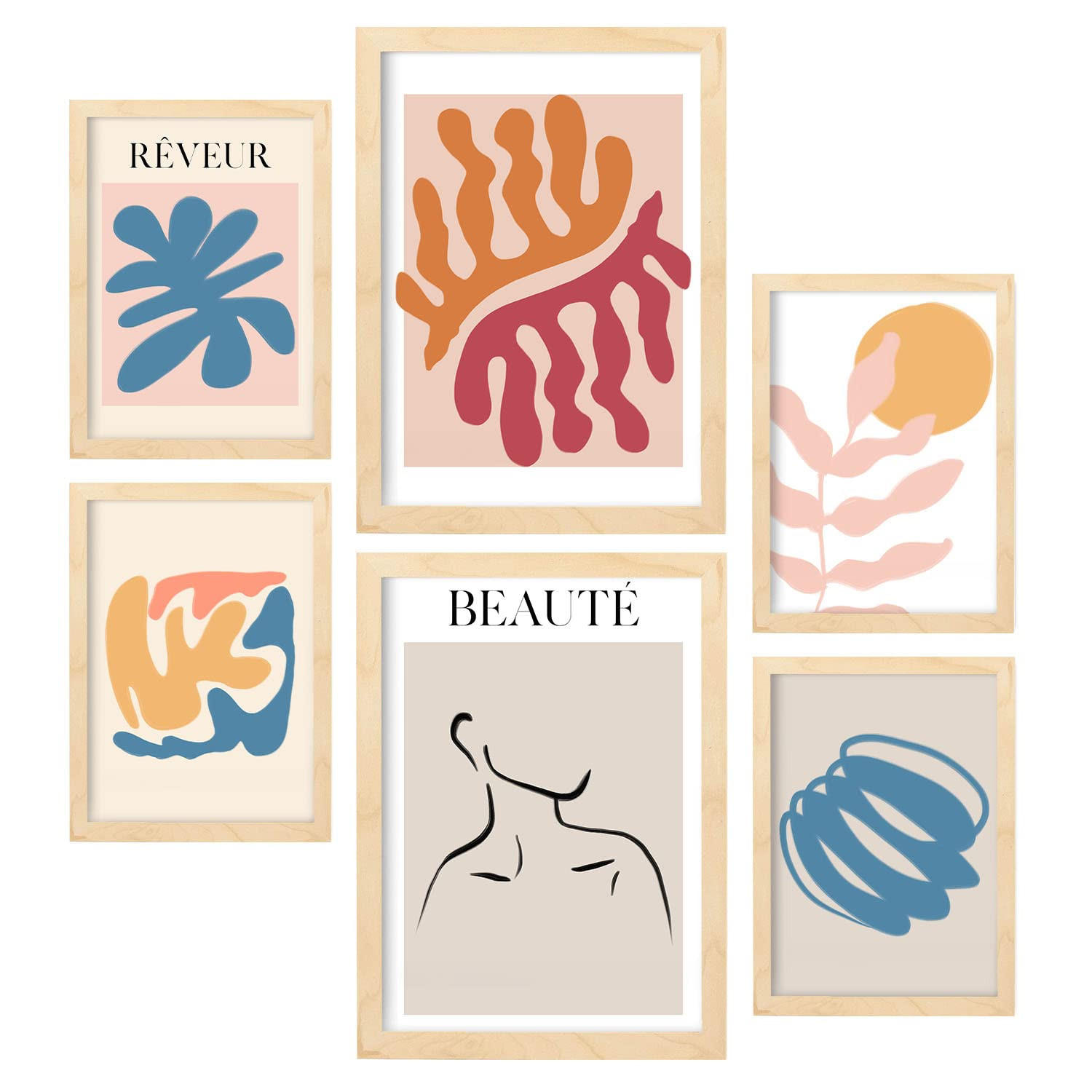 POSTER Set Mit 6 Orange Und Blauen Sammlung A3 & A4 Rahmen Aus Hellem Holz - Beige, Papier (29/3cm) - Nacnic