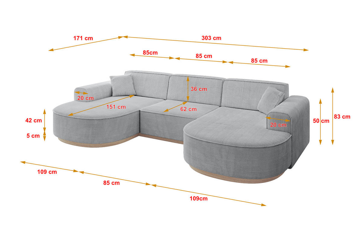 WOHNLANDSCHAFT MARI-U1-v1 - 303x171x83 cm Grau Cord - Grau, Holzwerkstoff/Textil (303/83/171cm) - ALTDECOR