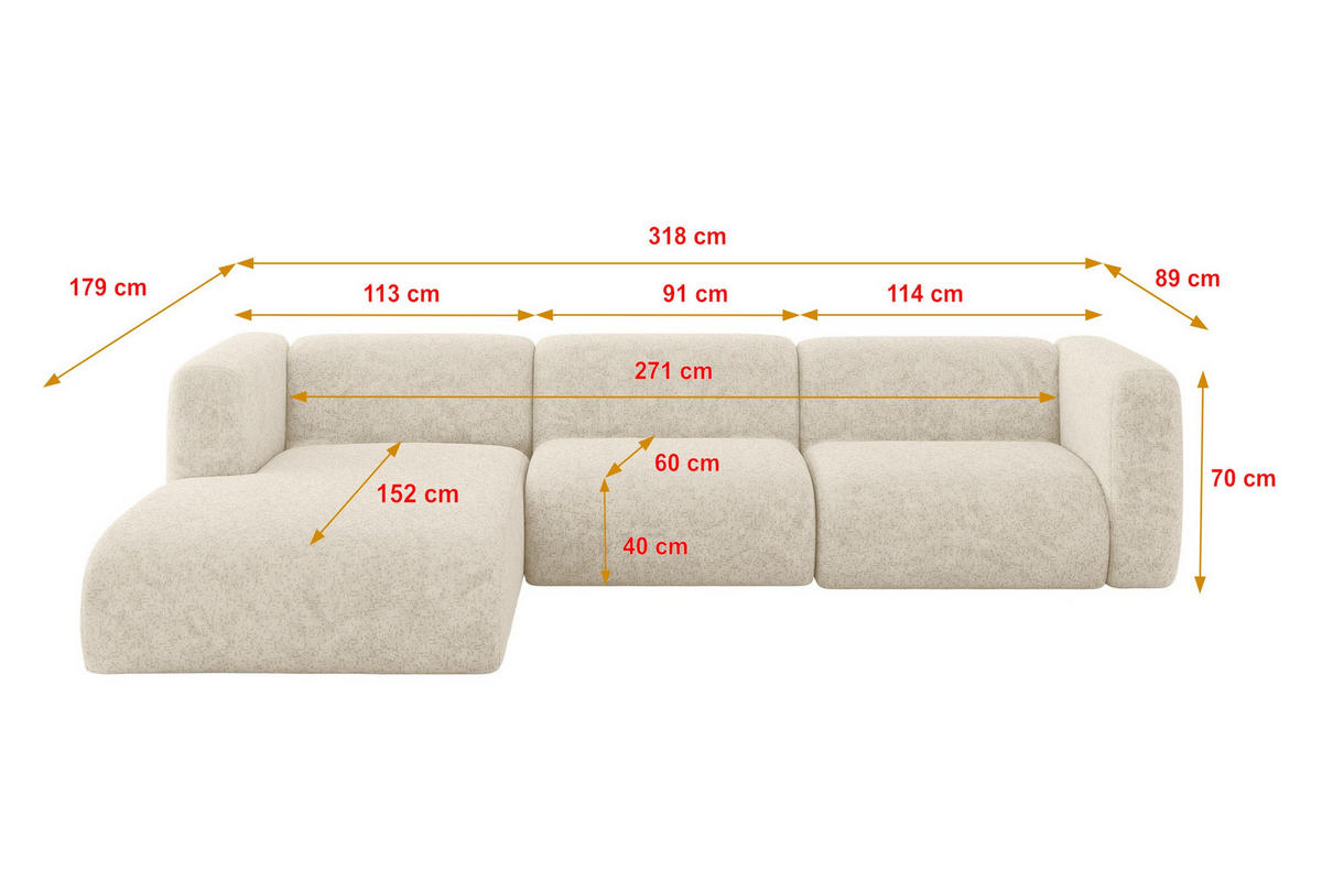 ROHOVÁ SEDAČKA S LEVOU OTOMANOU MIRA-L2 318x179x89 Krémová Velur - černá/krémová, kompozitní dřevo/textil (318/179cm) - ALTDECOR