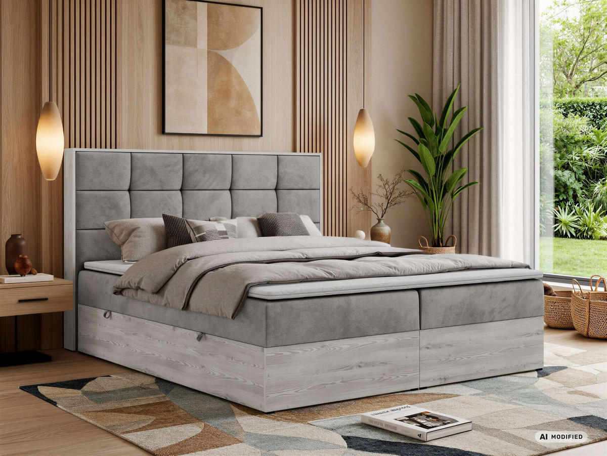 BOXSPRINGOVÁ POSTEĽ ALNOR 200/200 Svetlosivá Samet - Topper Visco - H3 (stredne tvrdý) - čierna/svetlosivá, textil/plast (200/200cm) - MKS