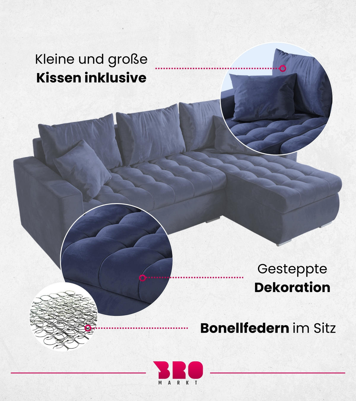 ECKSOFA Luis mit Schlaffunktion Blau Samt - Blau/Silberfarben, Kunststoff/Textil (148/238cm) - Bromarkt