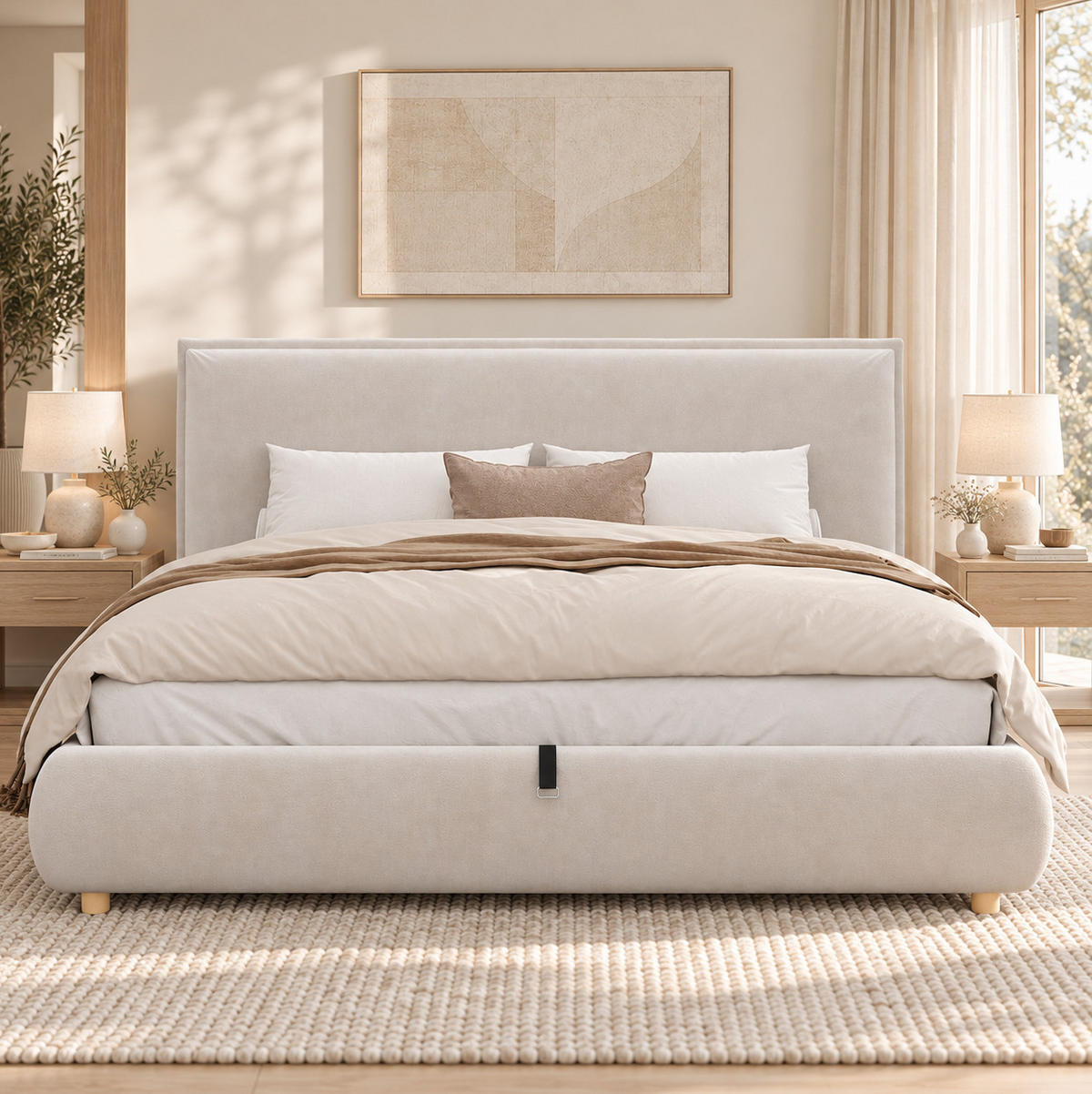 POLSTERBETT aus Samt 160x200 cm Creme mit hydraulischem Bettkasten und Lattenrost - Creme, Textil (160/200cm) - Modfu