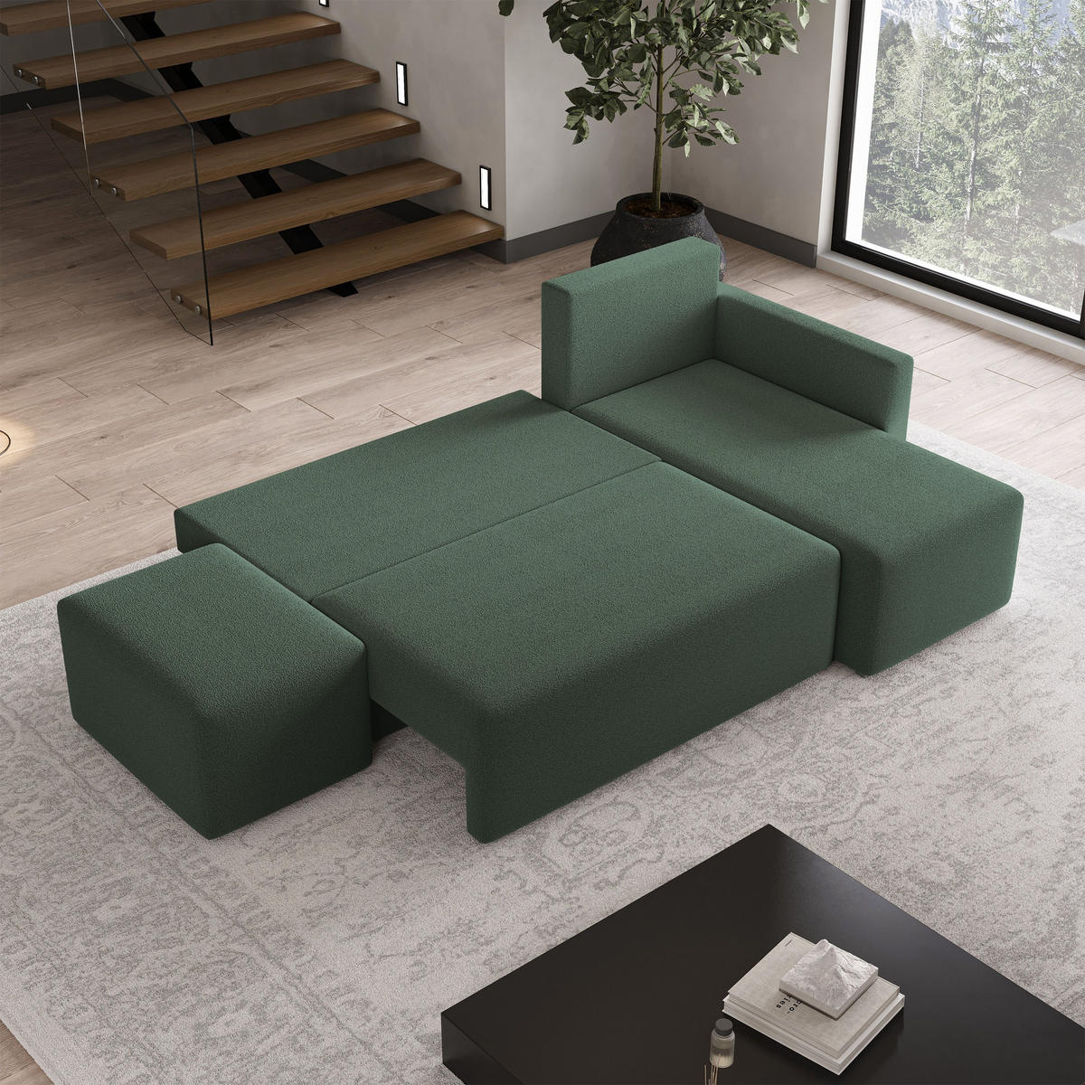 ECKSOFA VELOTTI R-S Grün Boucle-Stoff mit Schlaffunktion - Grün, Holz (261/143cm) - MASSENO