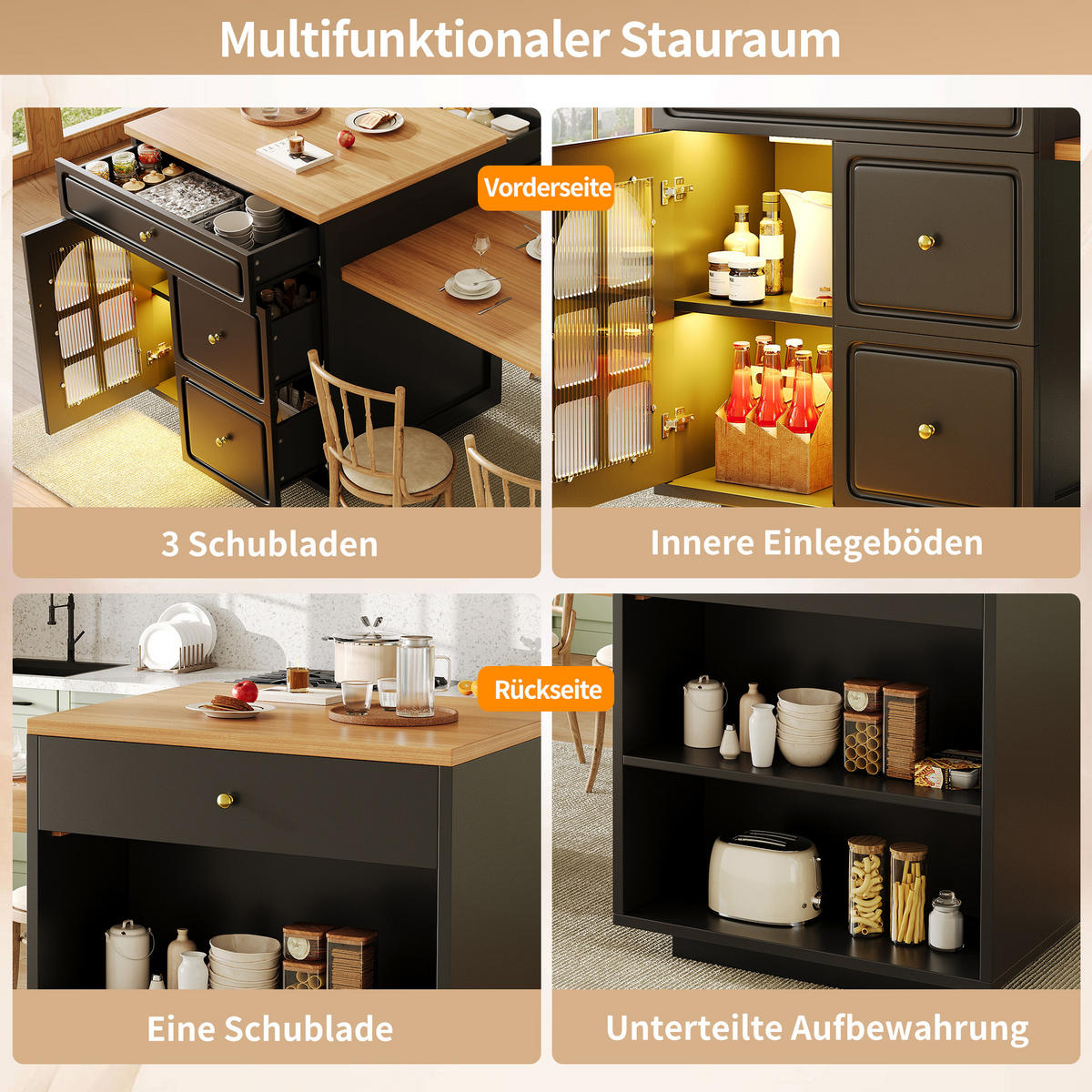 KÜCHENINSEL Ausziehbar LED Schubladen Glasvitrine Schwarz - Schwarz, Holzwerkstoff (122.5/93.5/59cm) - FLIEKS