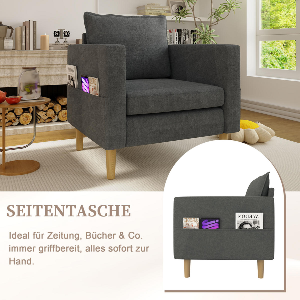 SESSEL Chenille Grau mit Seitentasche und Kissen - Grau, Holz/Holzwerkstoff (71/82/68cm) - WISHDOR