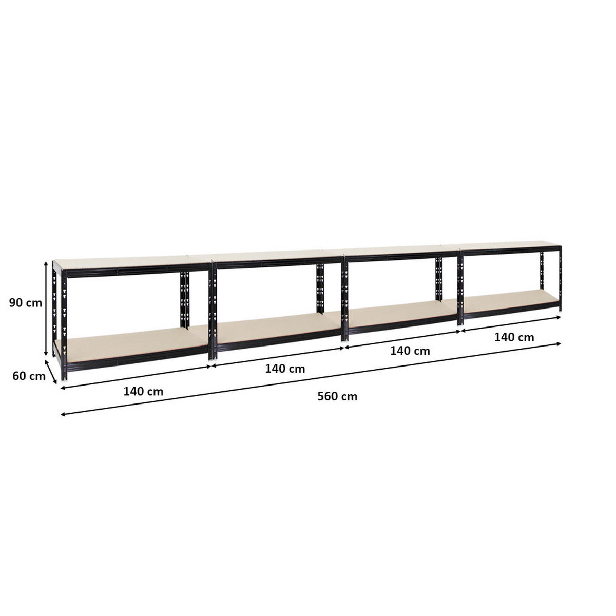 WERKBANK Tiger 4er-Set mit 4x 300 kg pro Fachboden 90x140x60 cm Schwarz - Schwarz, Metall (560/90/60cm) - PROREGAL