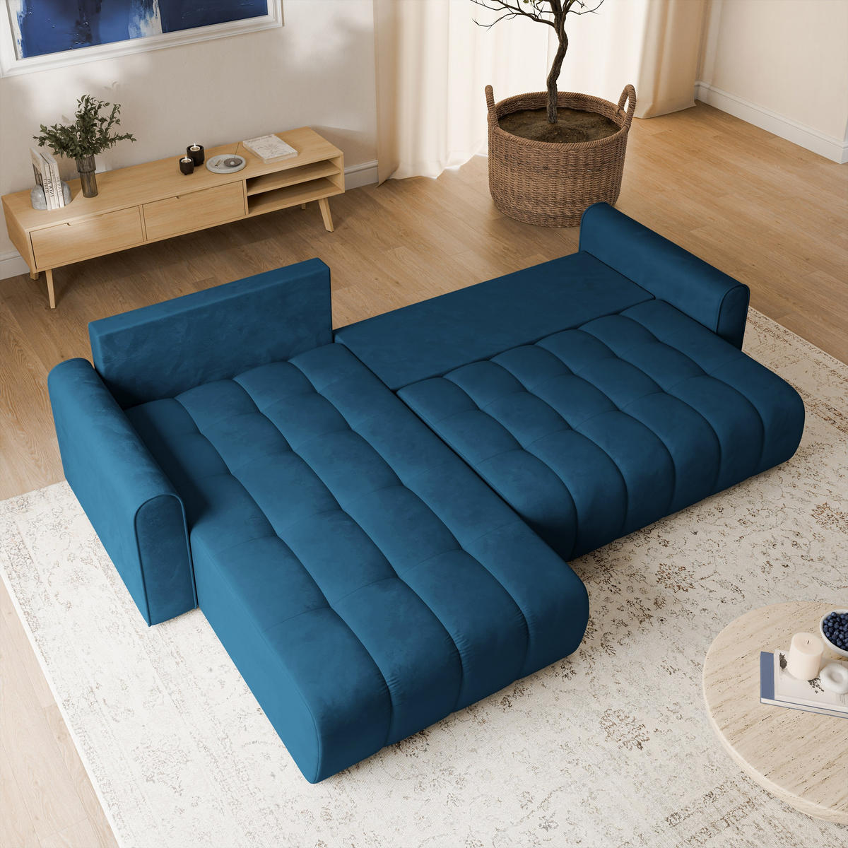 ECKSOFA FRIGA Blau Velours-Stoff mit Schlaffunktion - Blau, Holz (283/185cm) - MASSENO